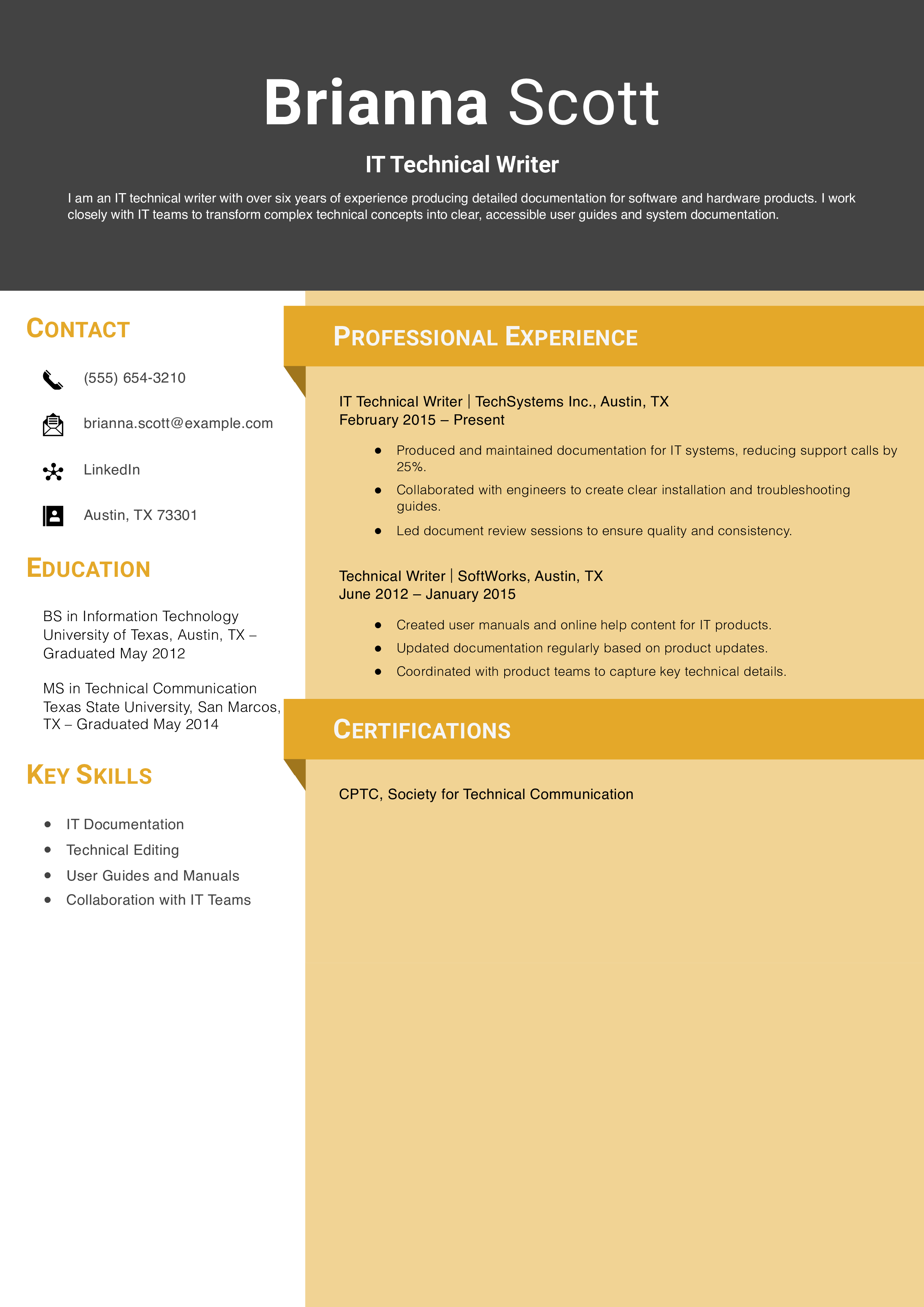 IT Technical Writer Resume Example