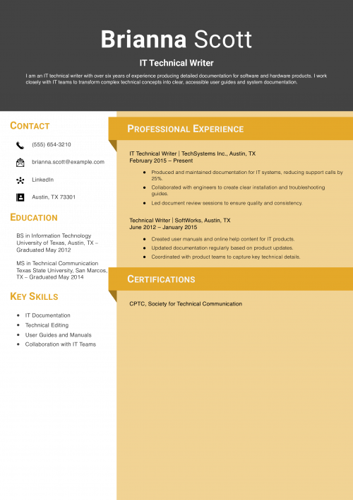 IT Technical Writer Resume Example