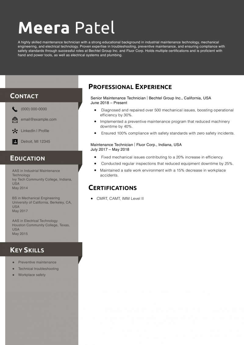 Maintenance Technician Resume Example