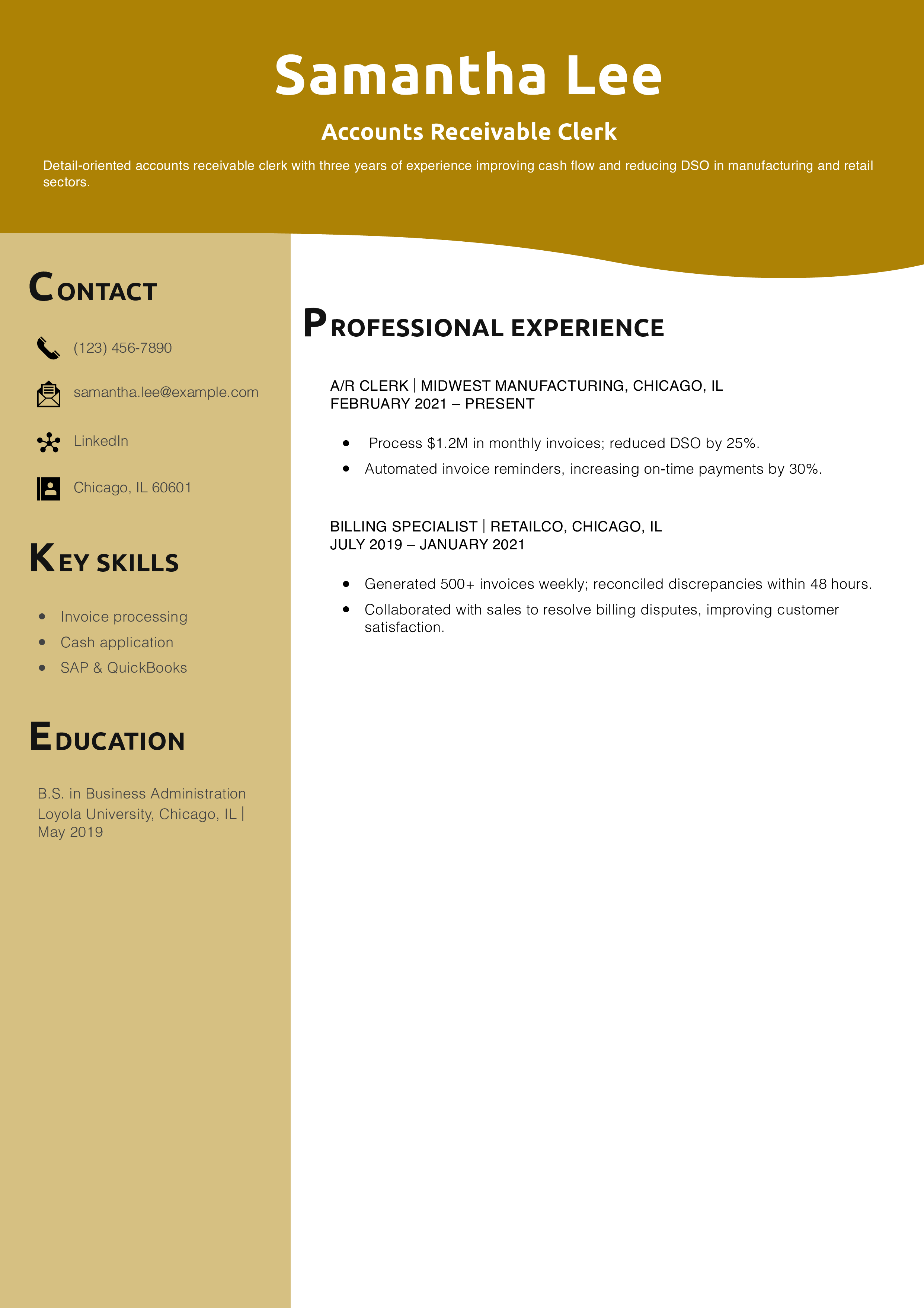 Accounts Receivable Clerk Resume Example