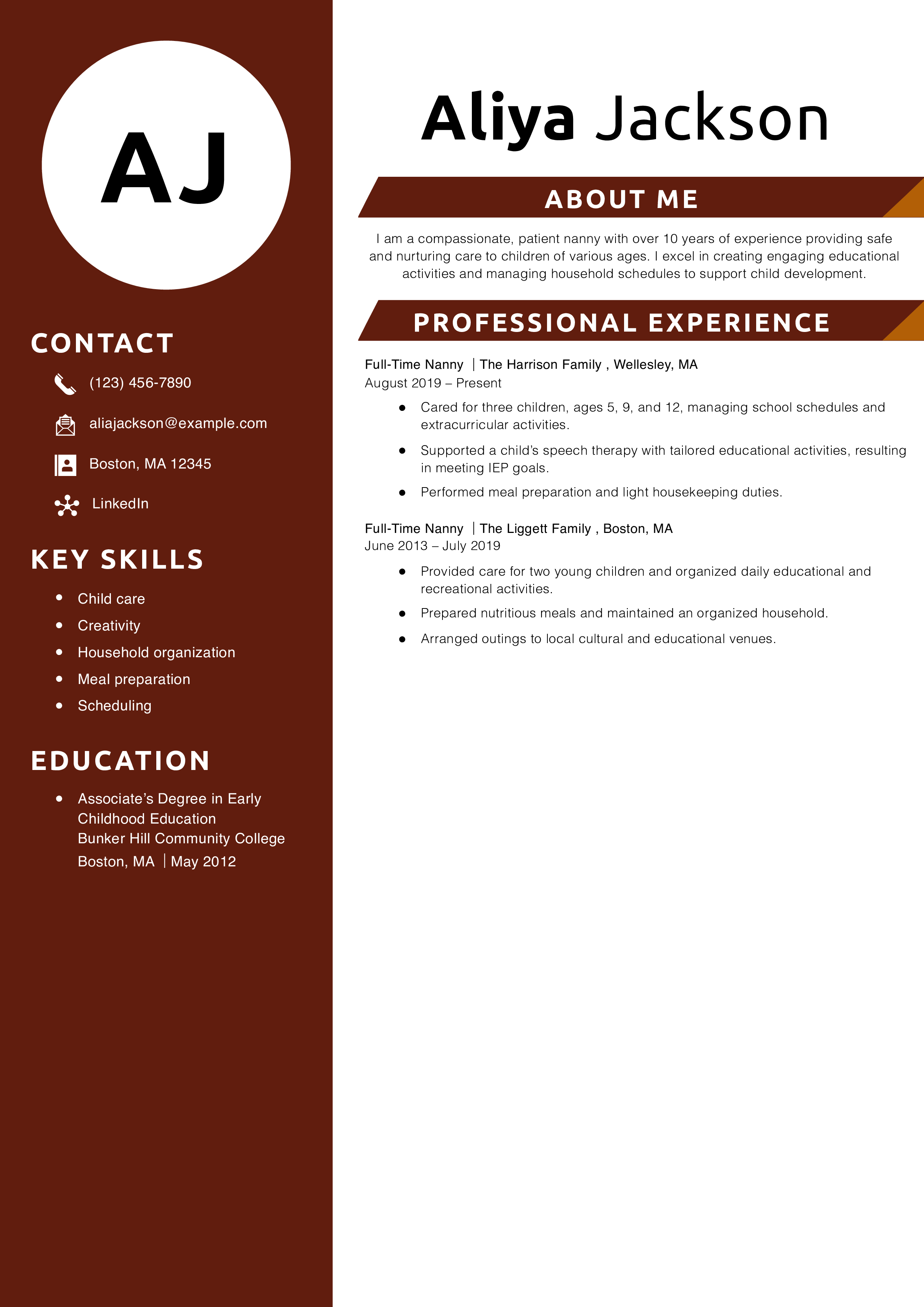 Experienced Private Nanny Resume Example