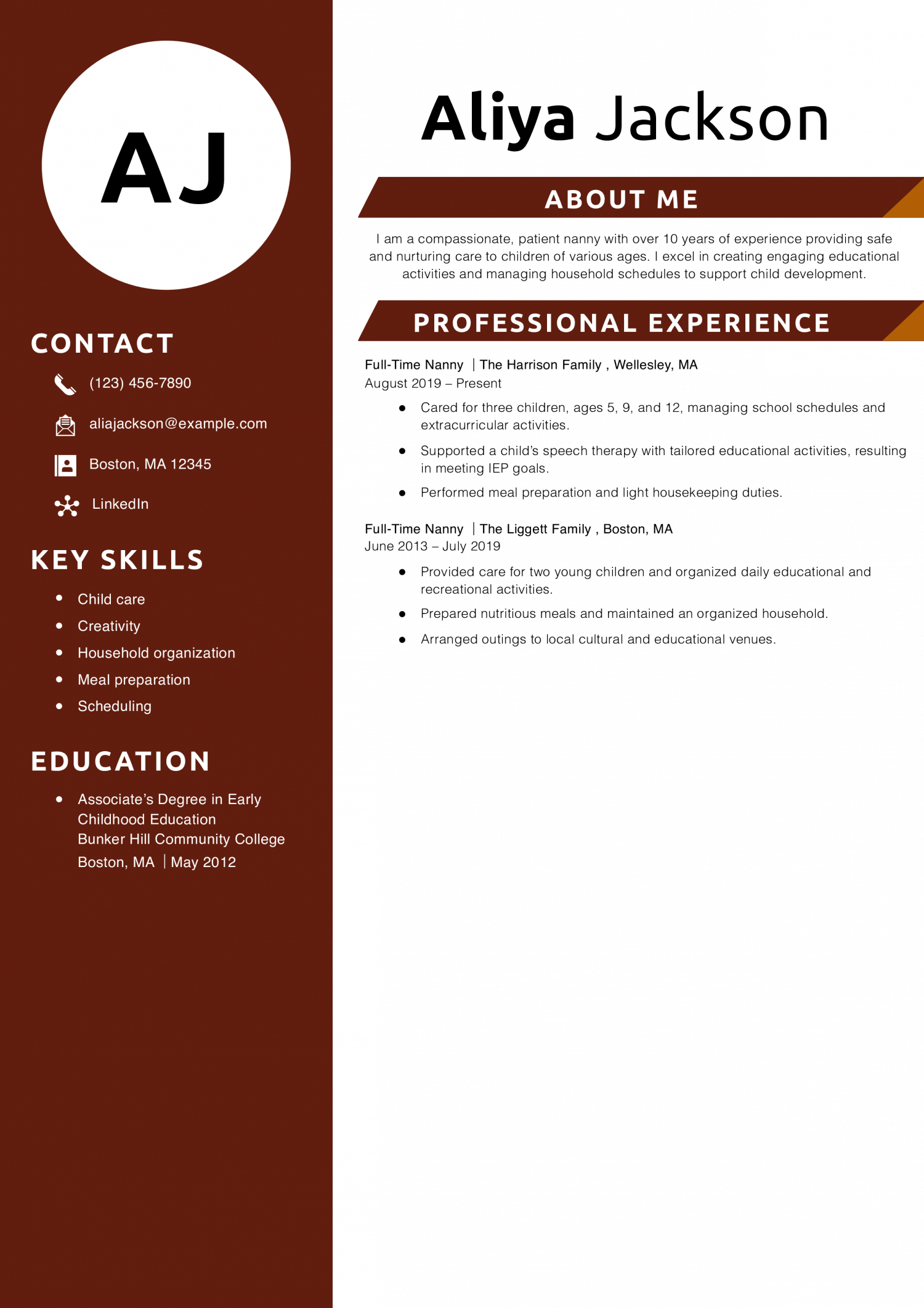 Experienced Private Nanny Resume Example