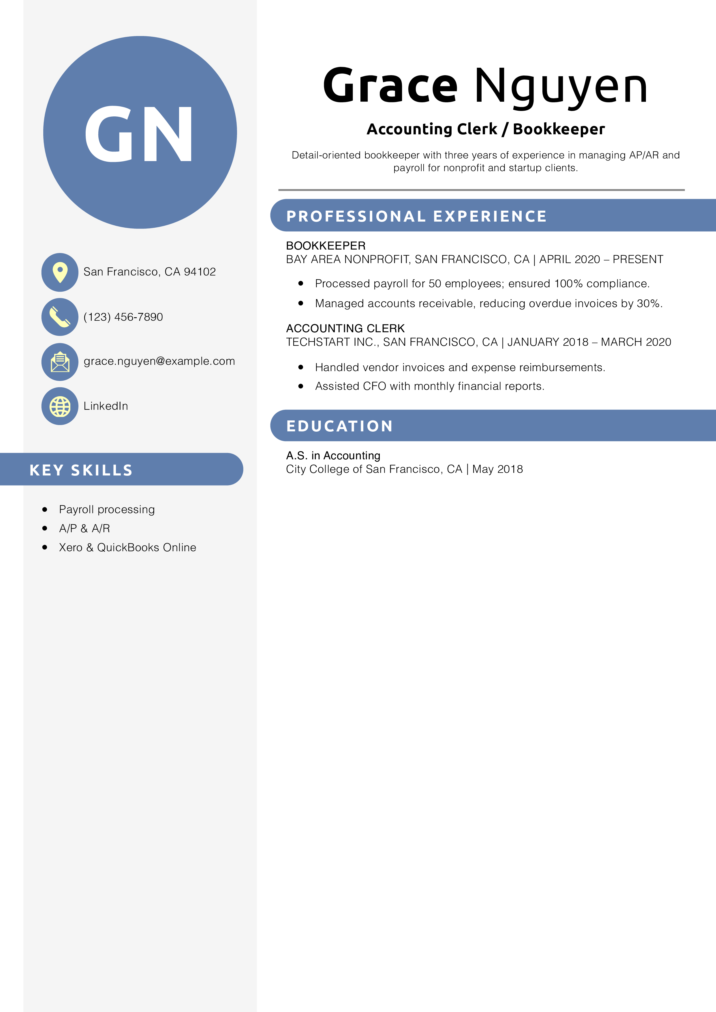 Accounting Clerk / Bookkeeper Resume Example