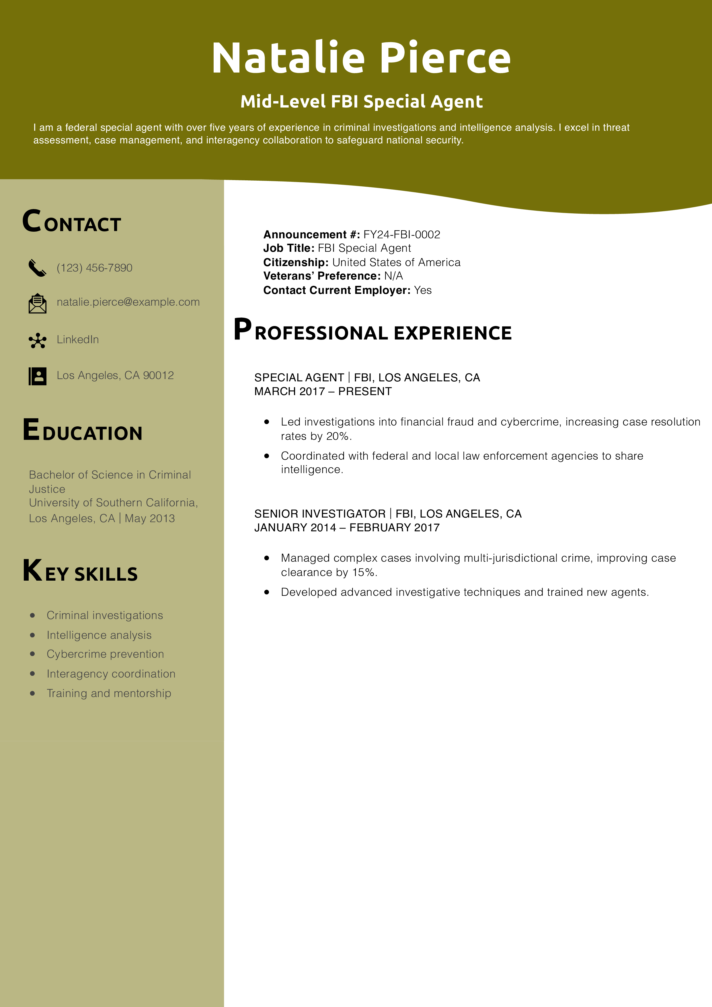 Mid-Level FBI Special Agent Resume Example