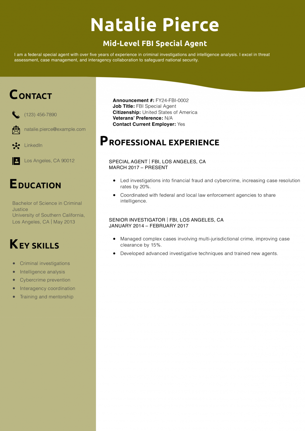 Mid-Level FBI Special Agent Resume Example