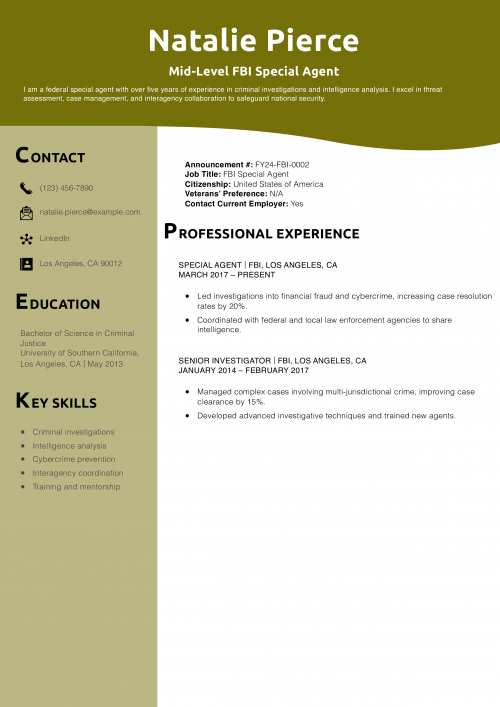 Mid-Level FBI Special Agent Resume Example