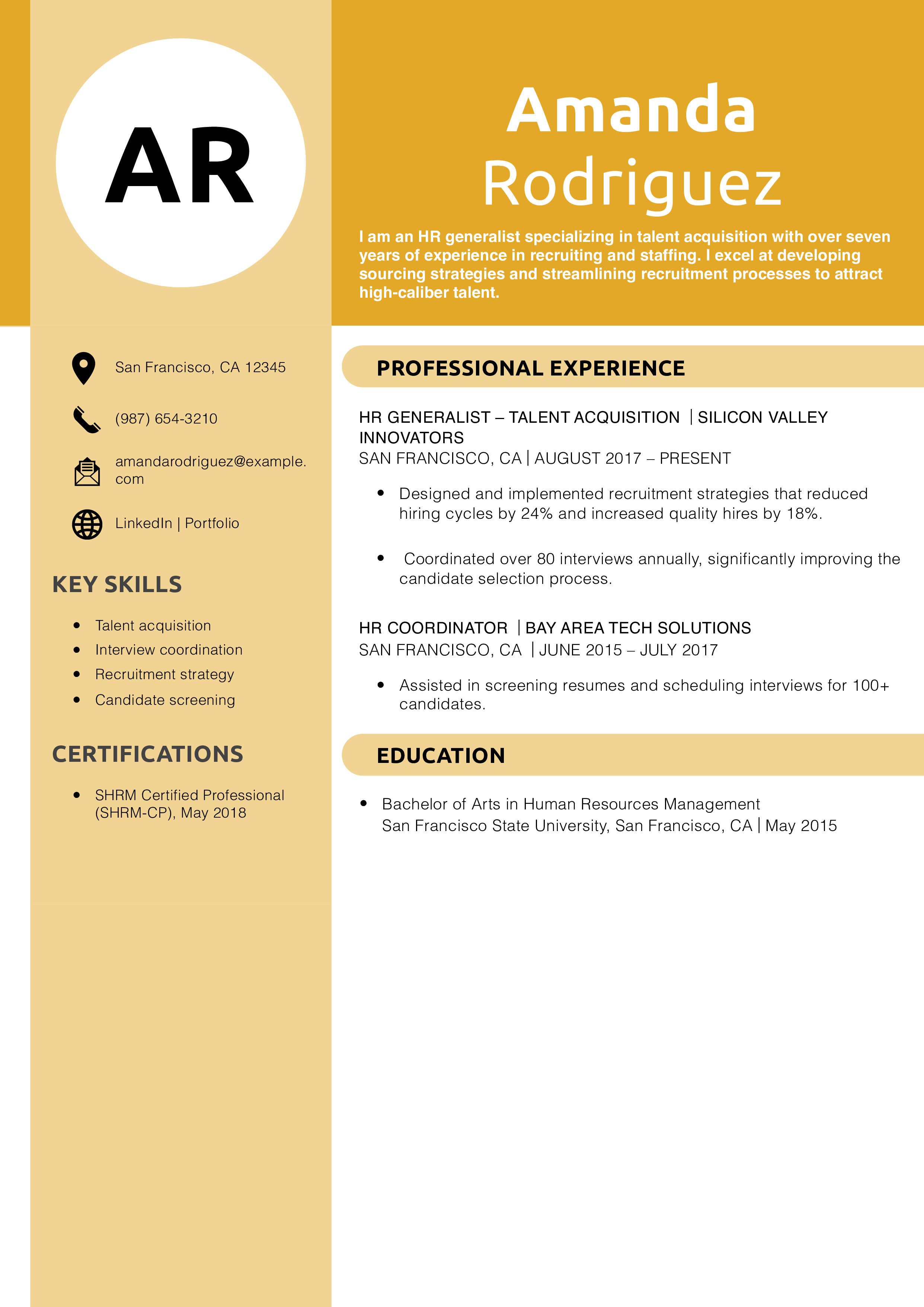 HR Generalist Talent Acquisition Resume Example