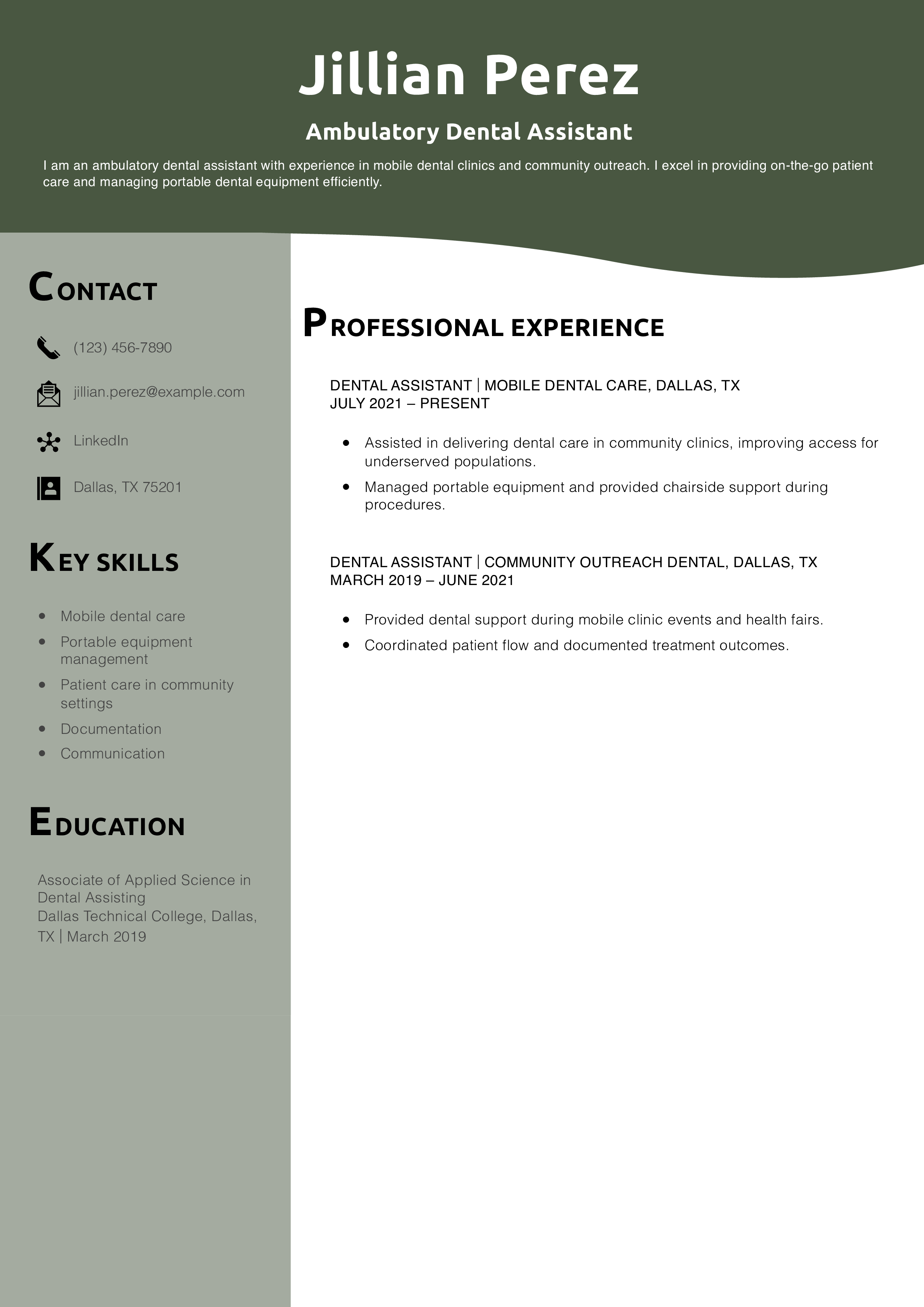 Ambulatory Dental Assistant Resume Example