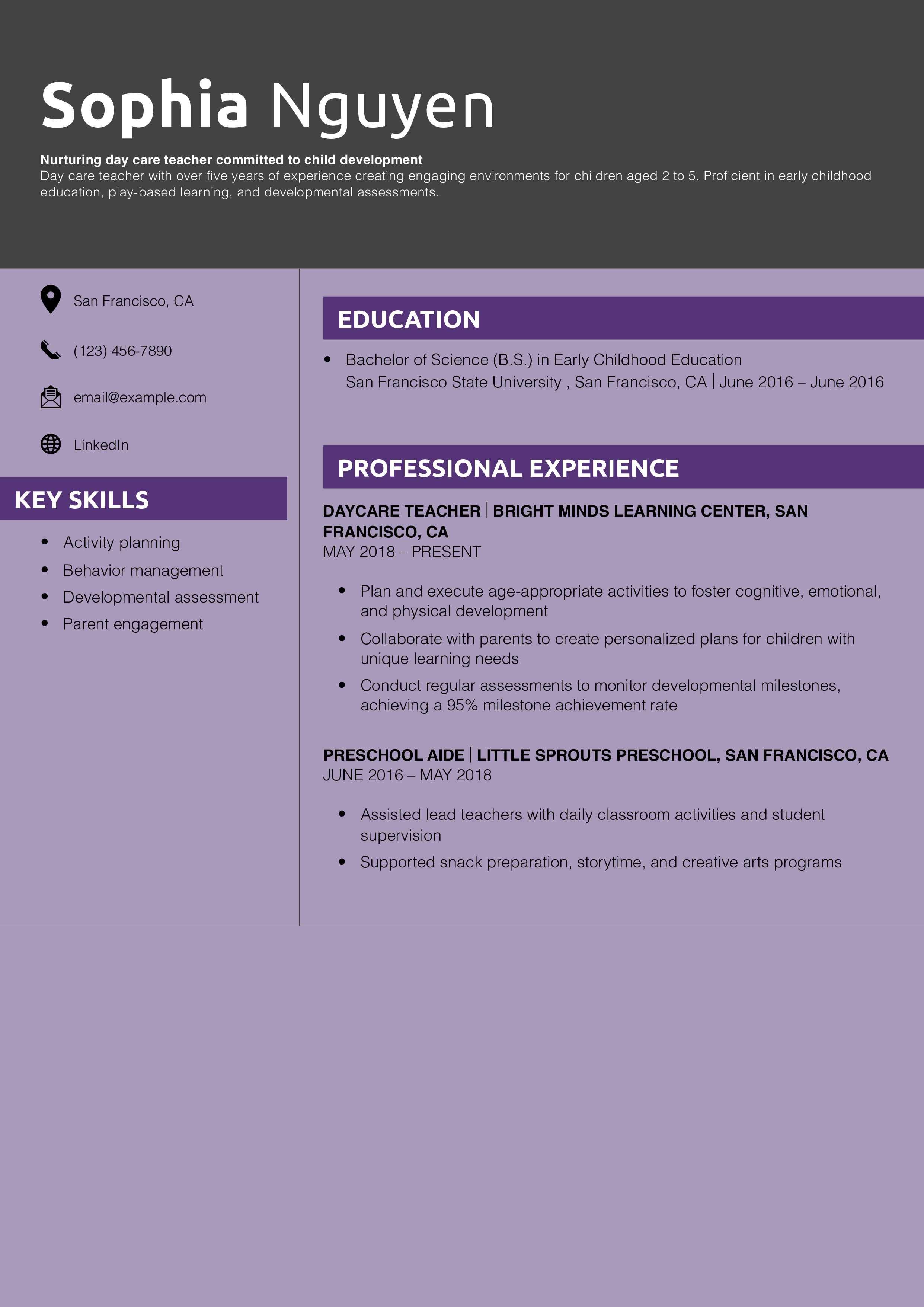 Day care teacher resume example