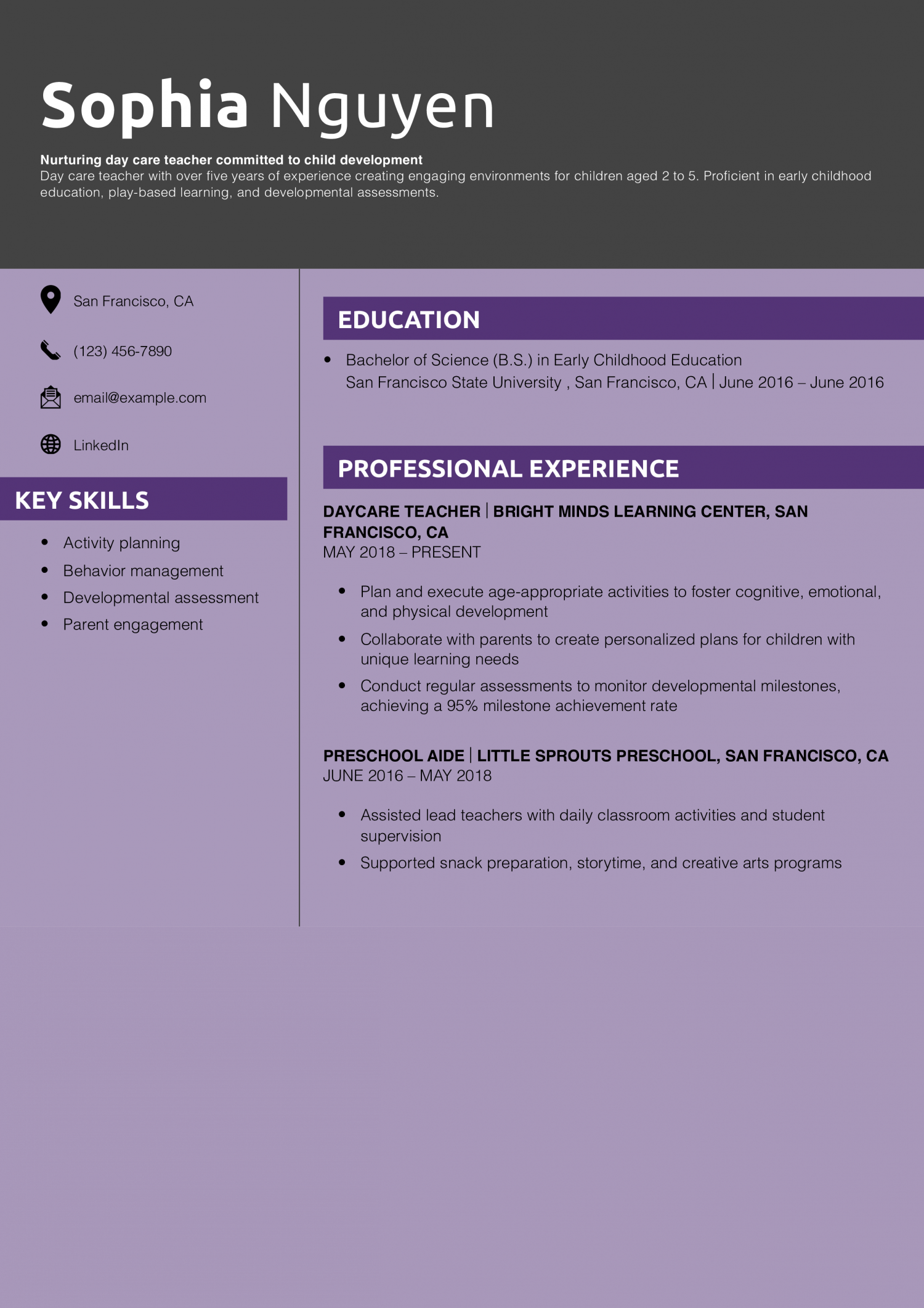 Day care teacher resume example