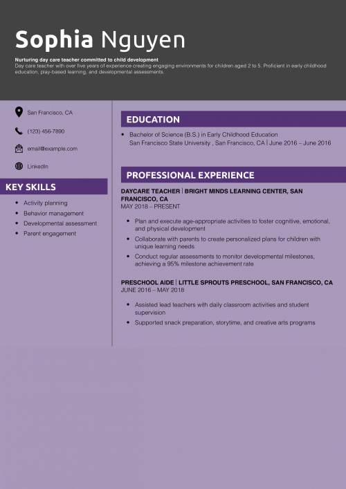 Day care teacher resume example