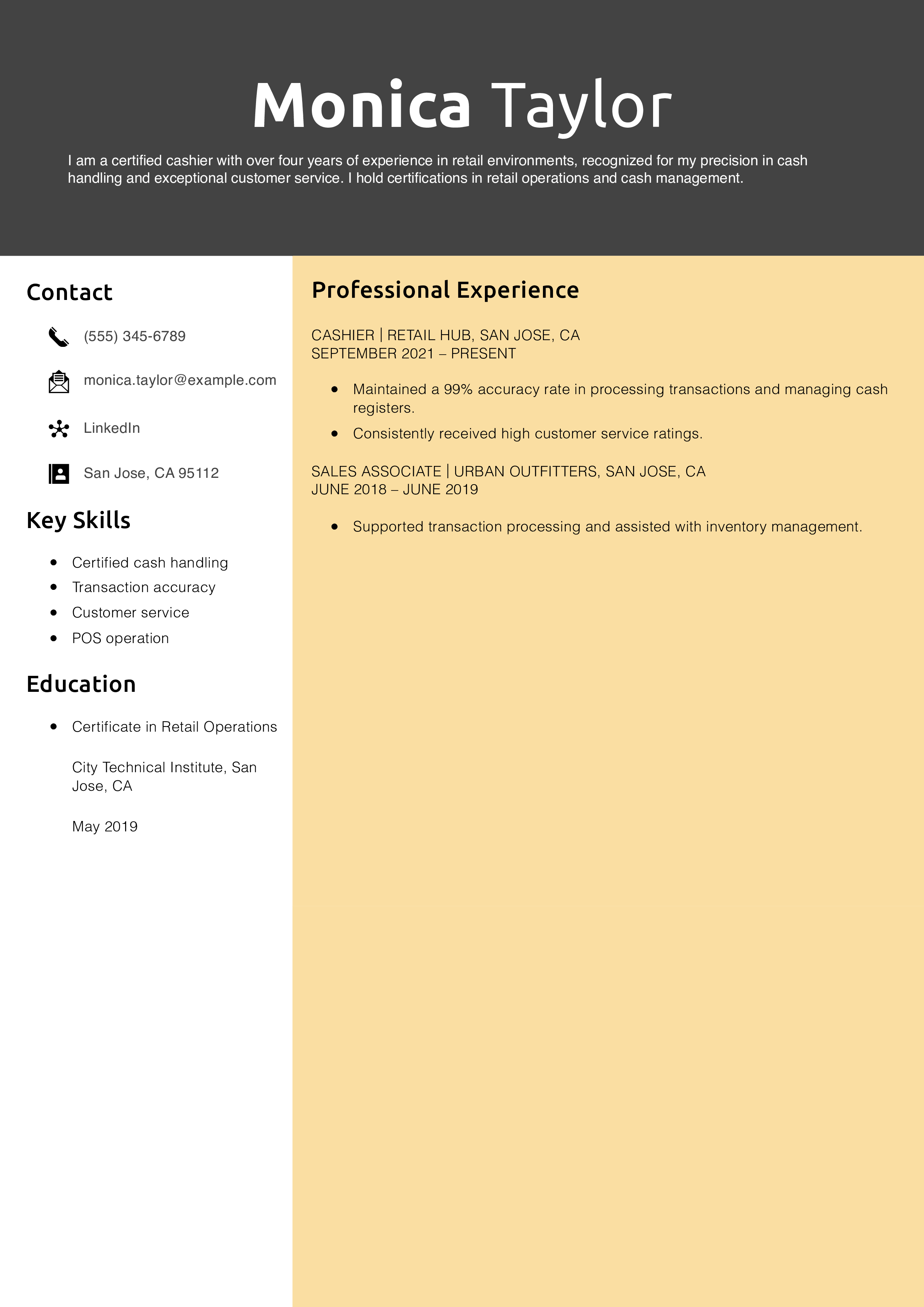 Certified Cashier Resume Example