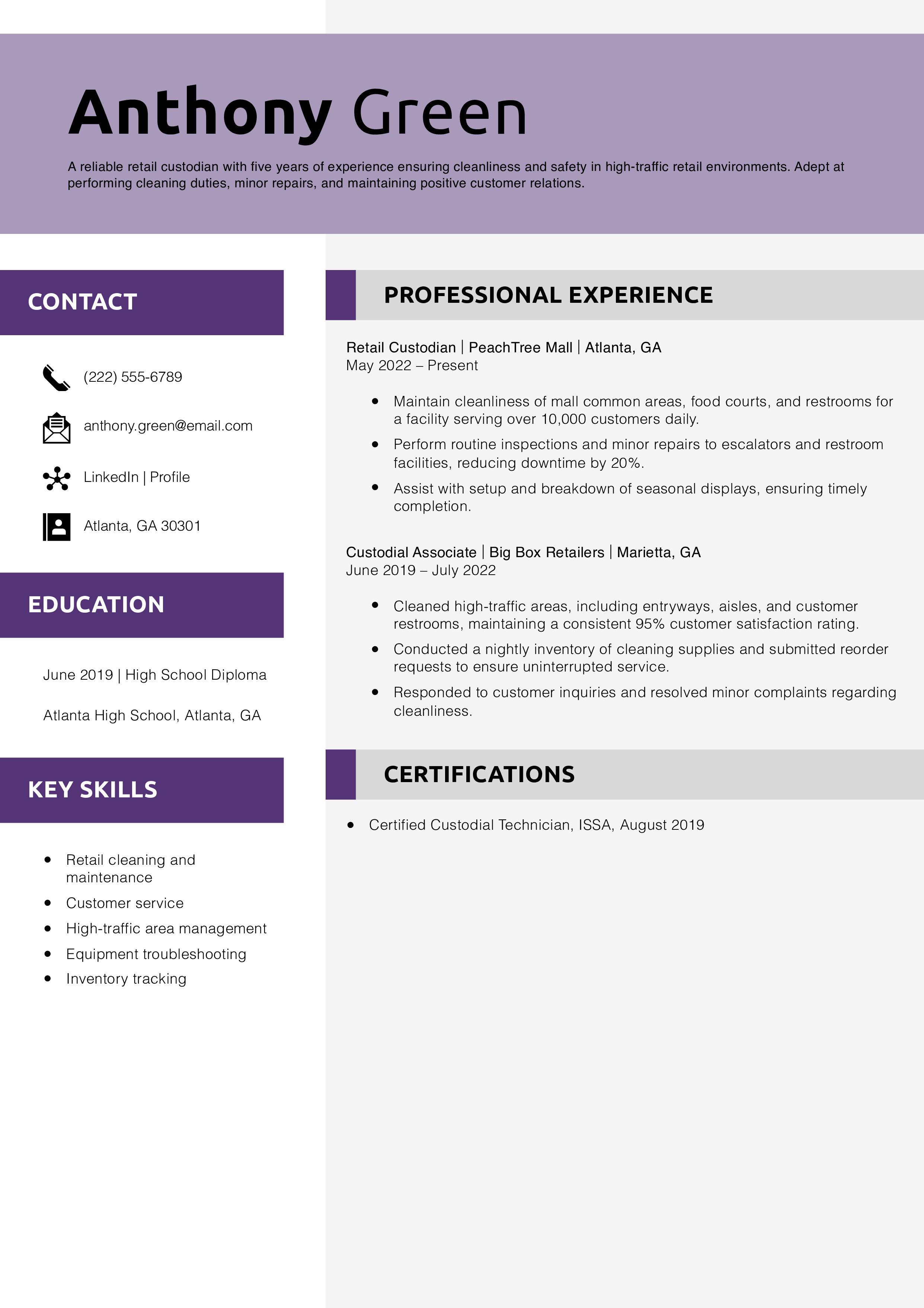 Retail Custodian Resume Example