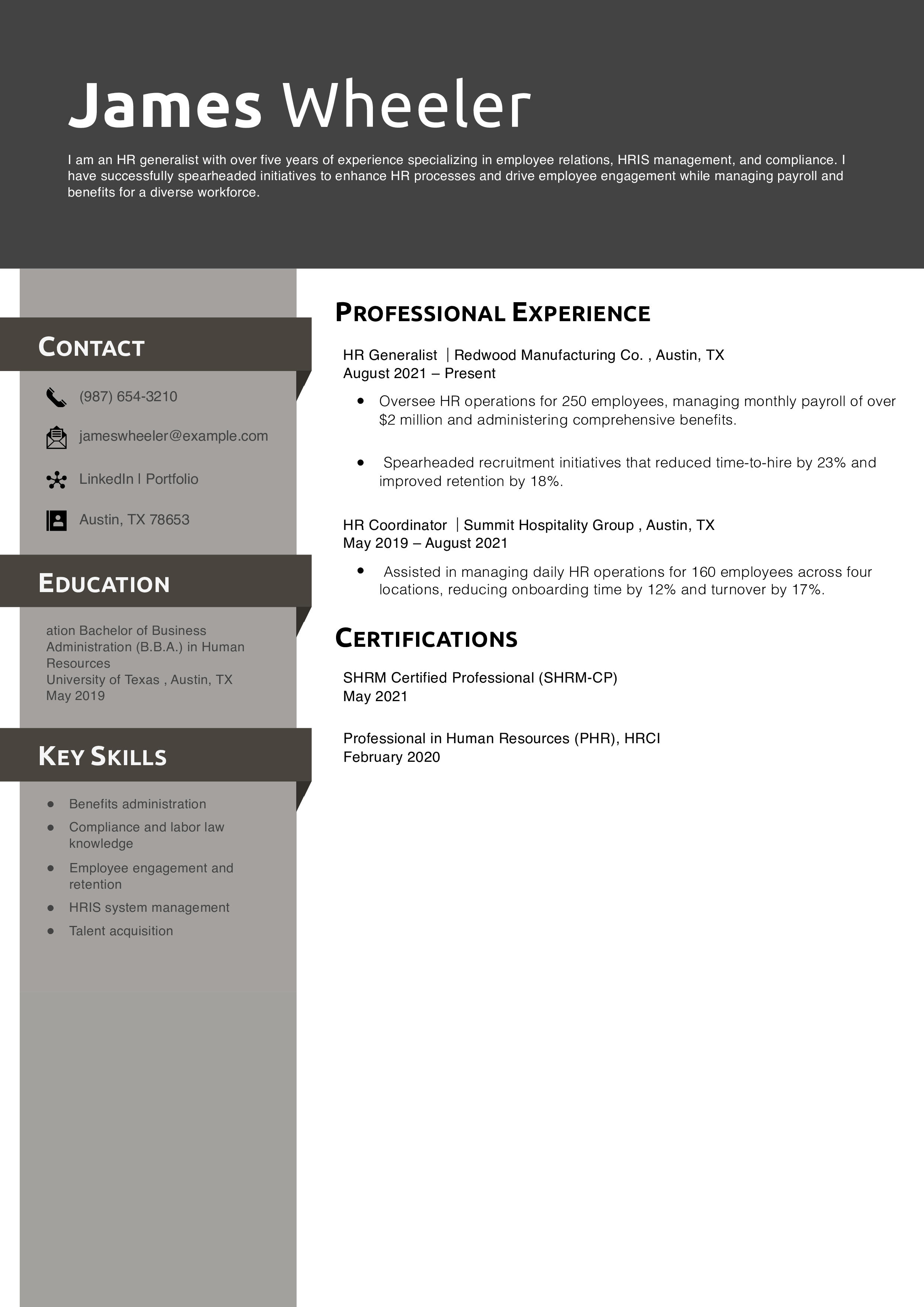 HR Generalist Resume Example