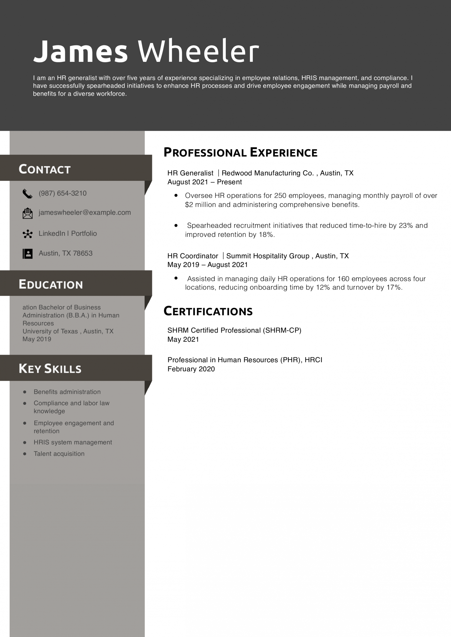 HR Generalist Resume Example