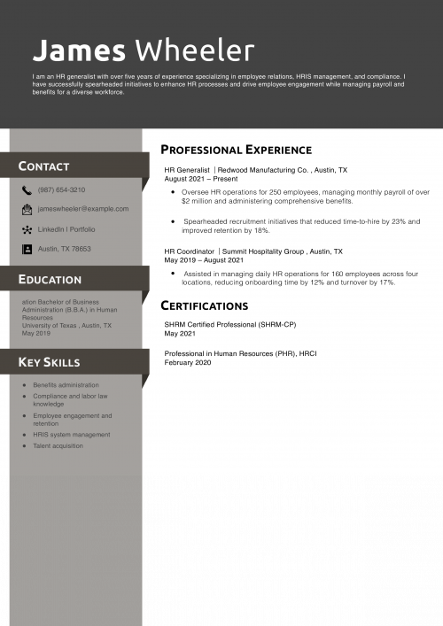HR Generalist Resume Example