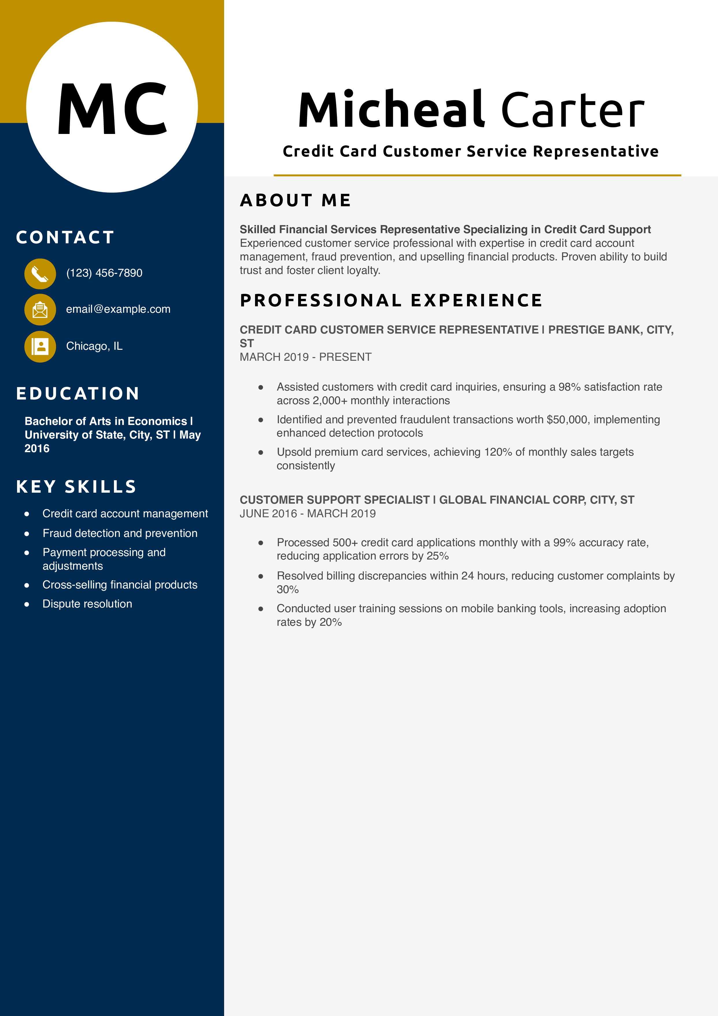 Credit Card Customer Service Representative Resume Example