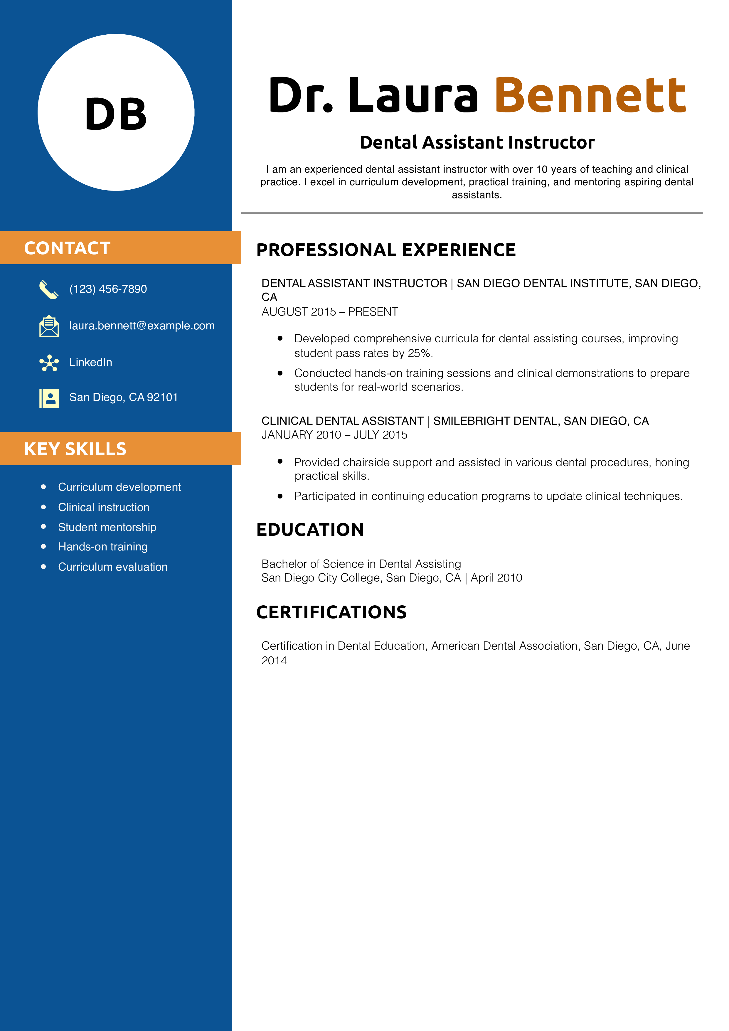 Dental Assistant Instructor Resume Example