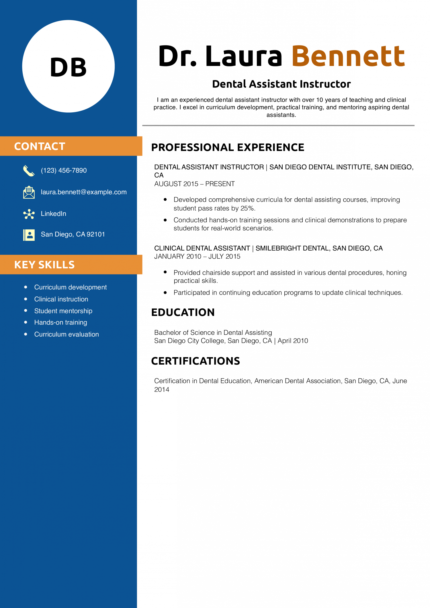 Dental Assistant Instructor Resume Example