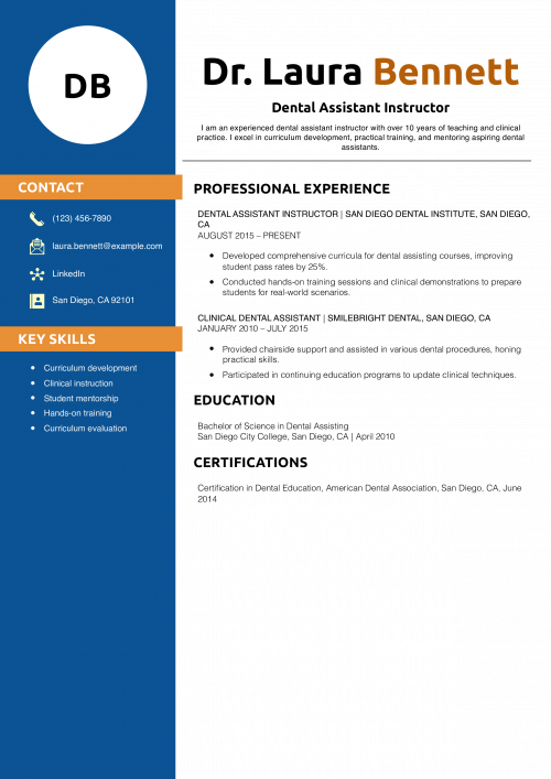 Dental Assistant Instructor Resume Example