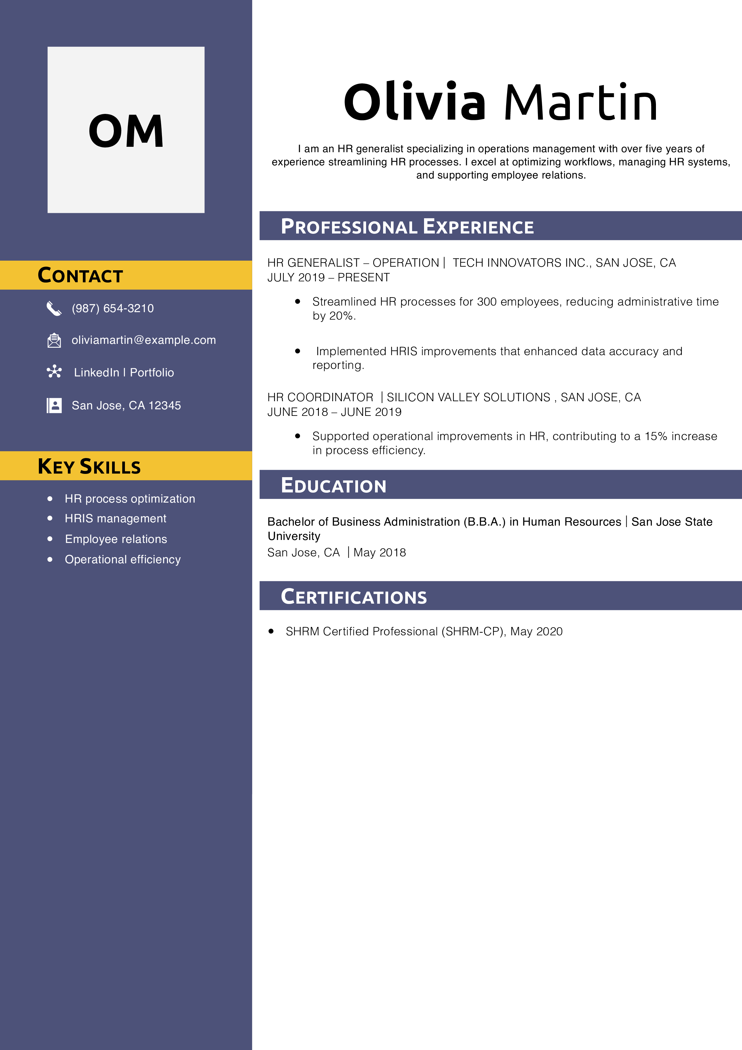 HR Generalist Operations Resume Example