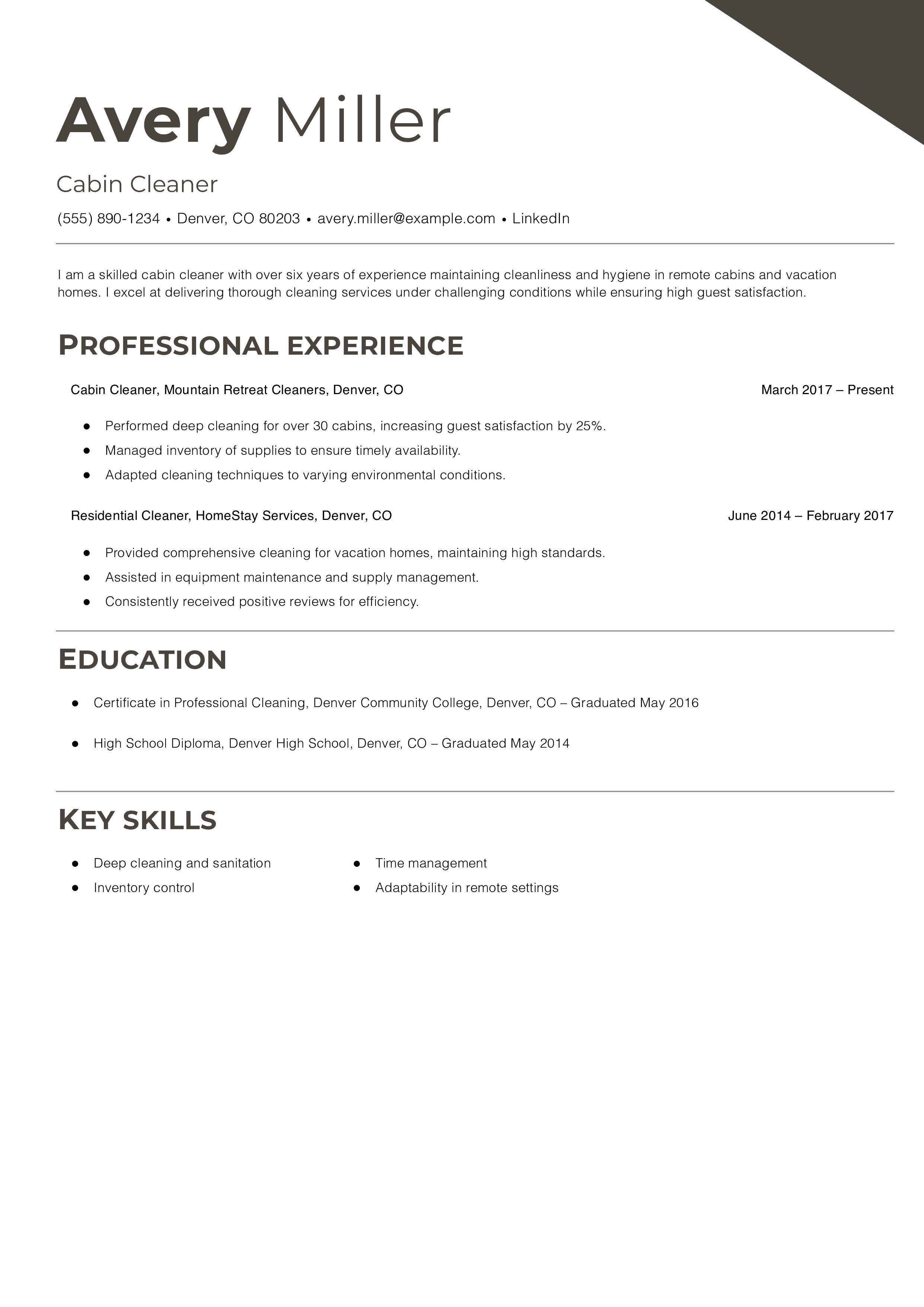 Cabin Cleaner Resume Example