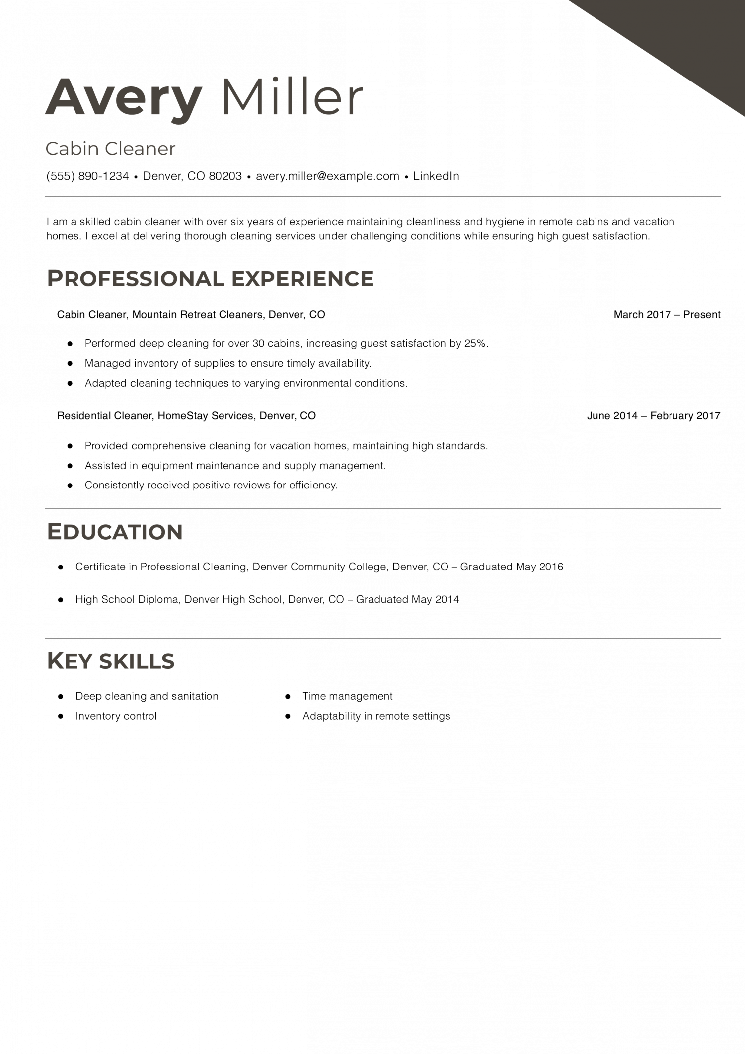 Cabin Cleaner Resume Example
