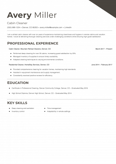 Cabin Cleaner Resume Example