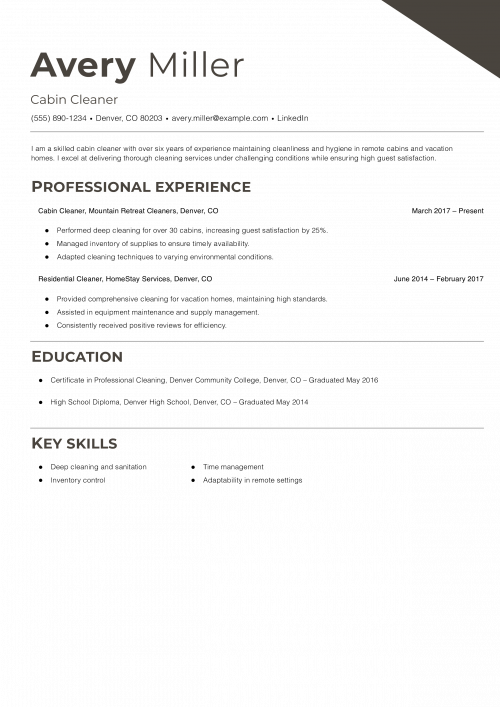 Cabin Cleaner Resume Example