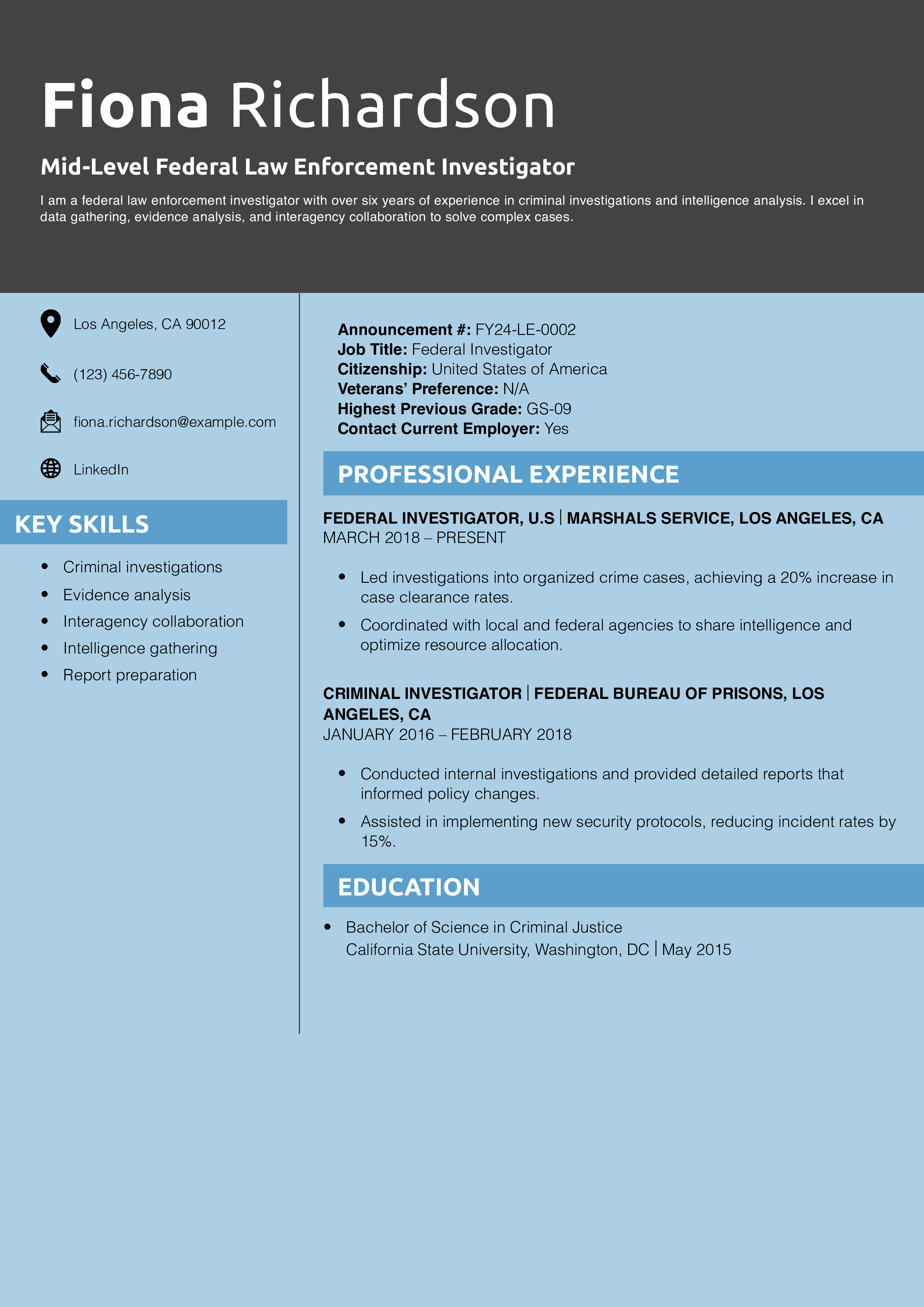 Mid-Level Federal Law Enforcement Investigator Resume Example