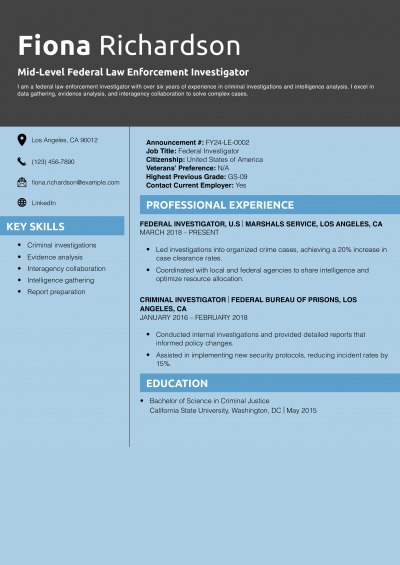 Mid-Level Federal Law Enforcement Investigator Resume Example