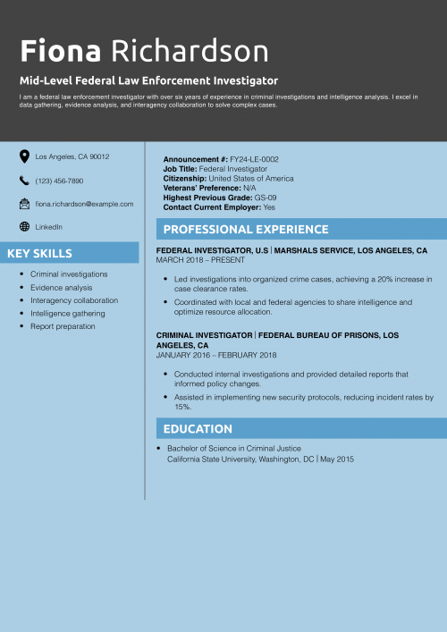 Mid-Level Federal Law Enforcement Investigator Resume Example