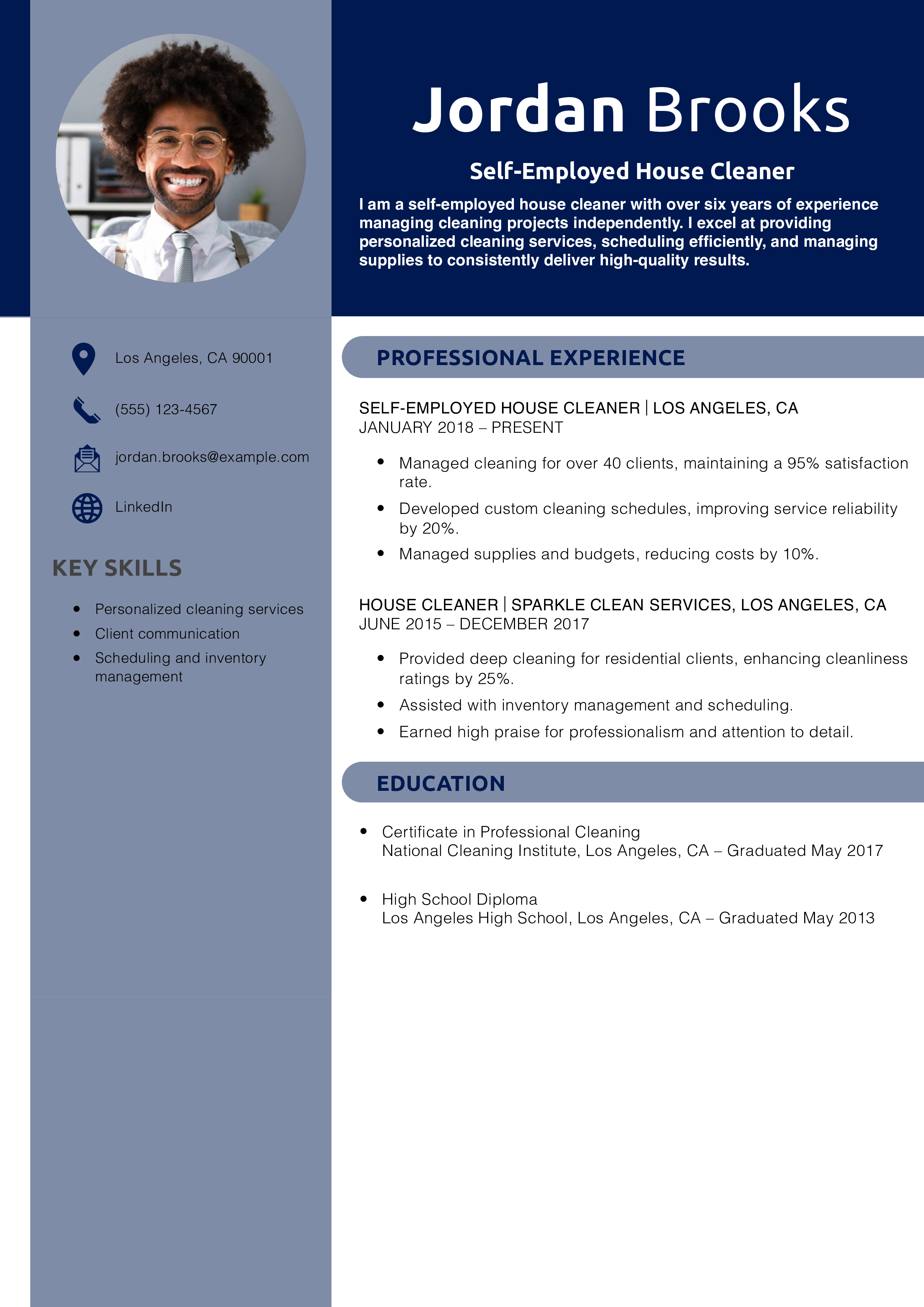 Self-Employed House Cleaner Resume Example