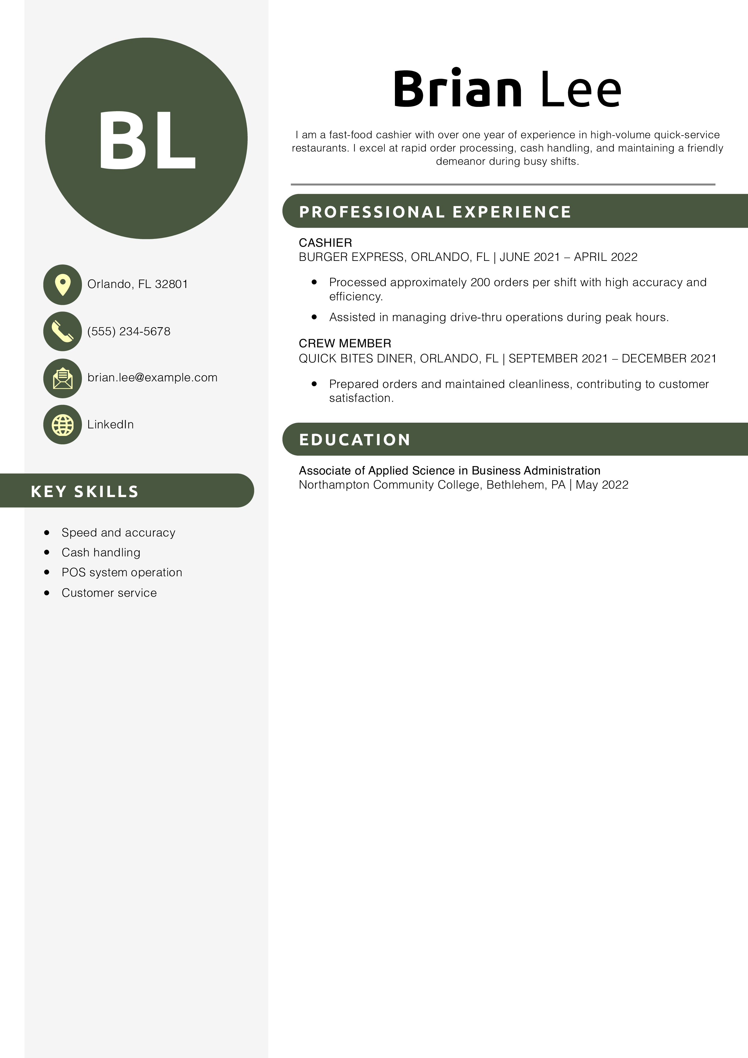 Fast Food Cashier Resume Example