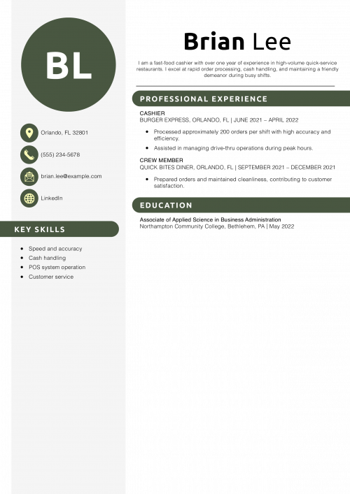 Fast Food Cashier Resume Example