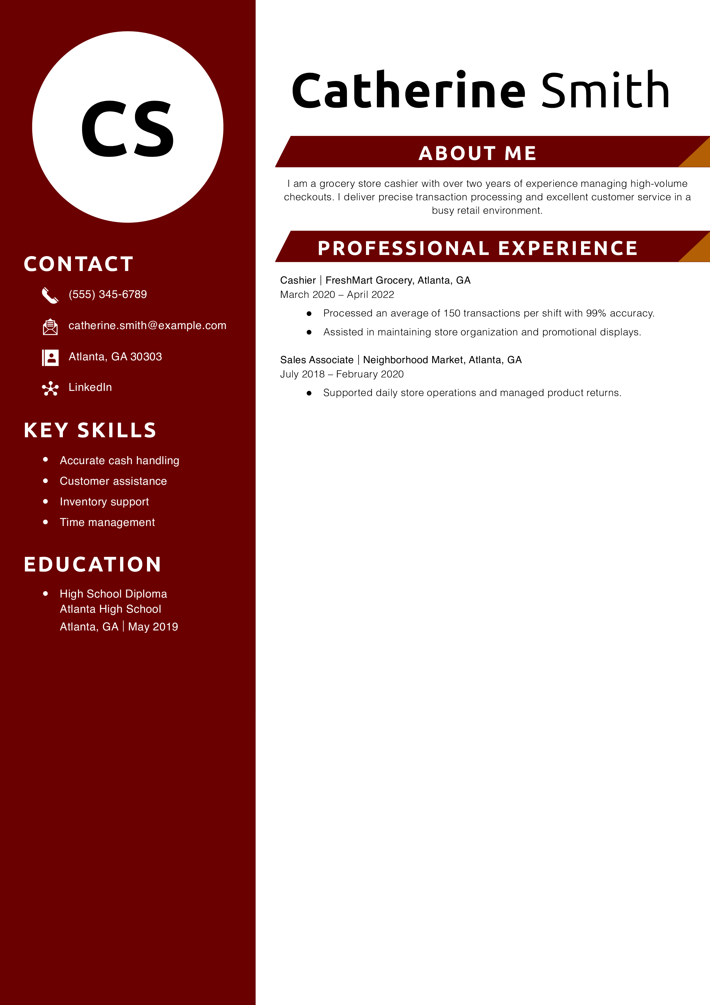 Grocery Store Cashier Resume Example