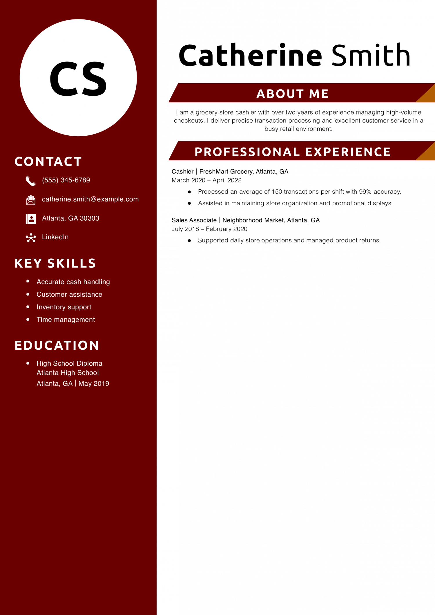 Grocery Store Cashier Resume Example