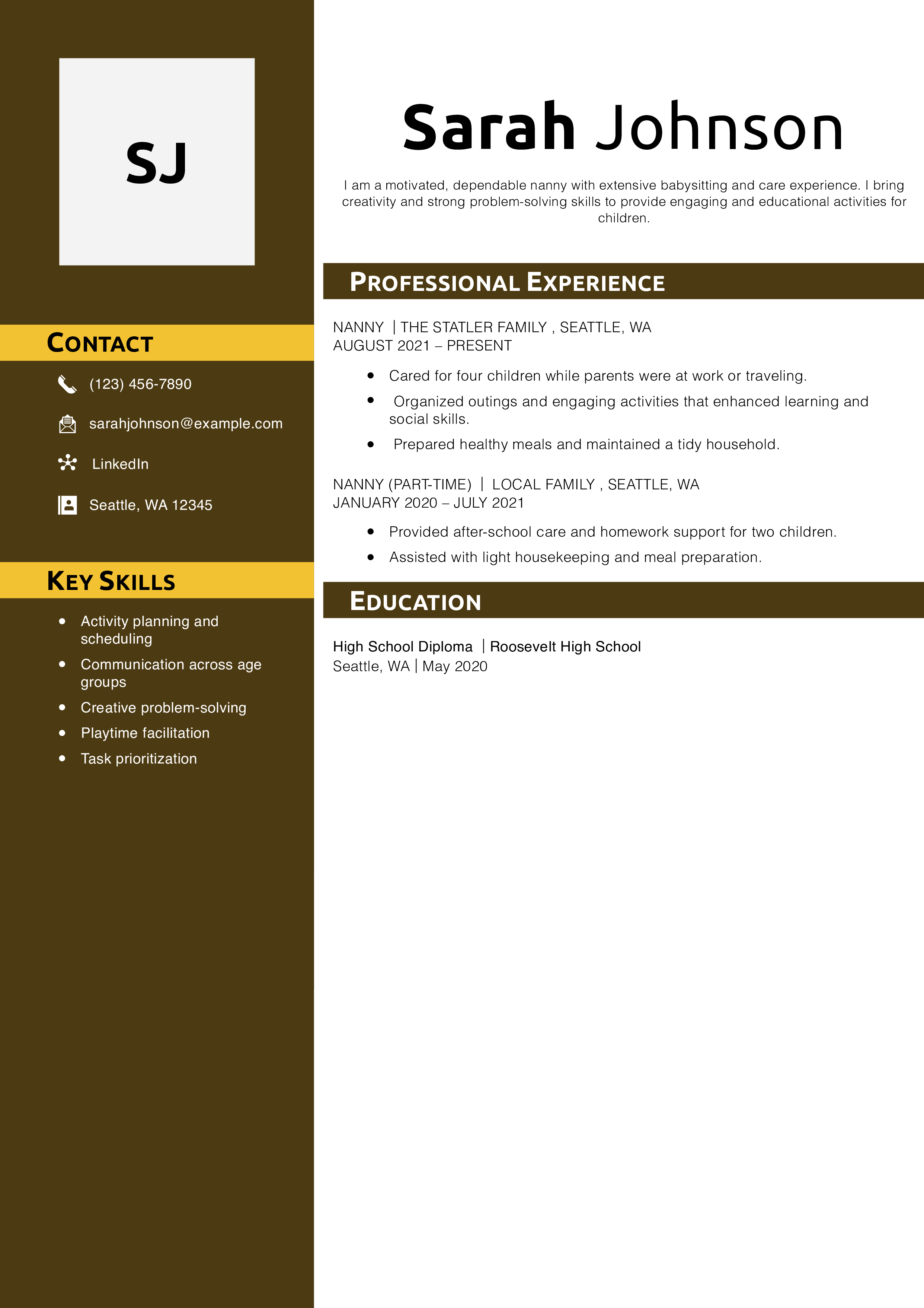 Experienced Nanny Resume Example