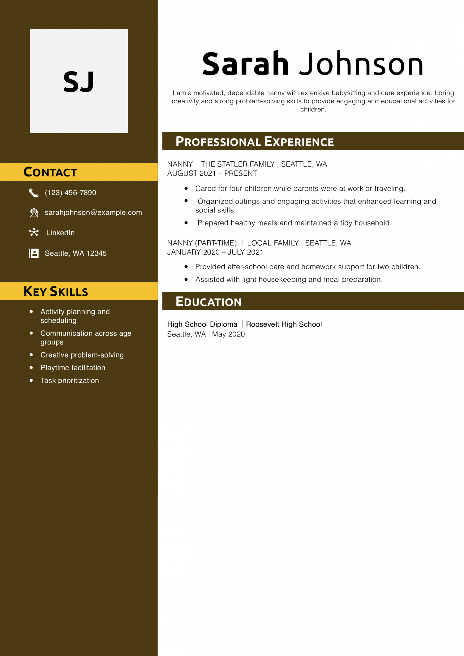 Experienced Nanny Resume Example