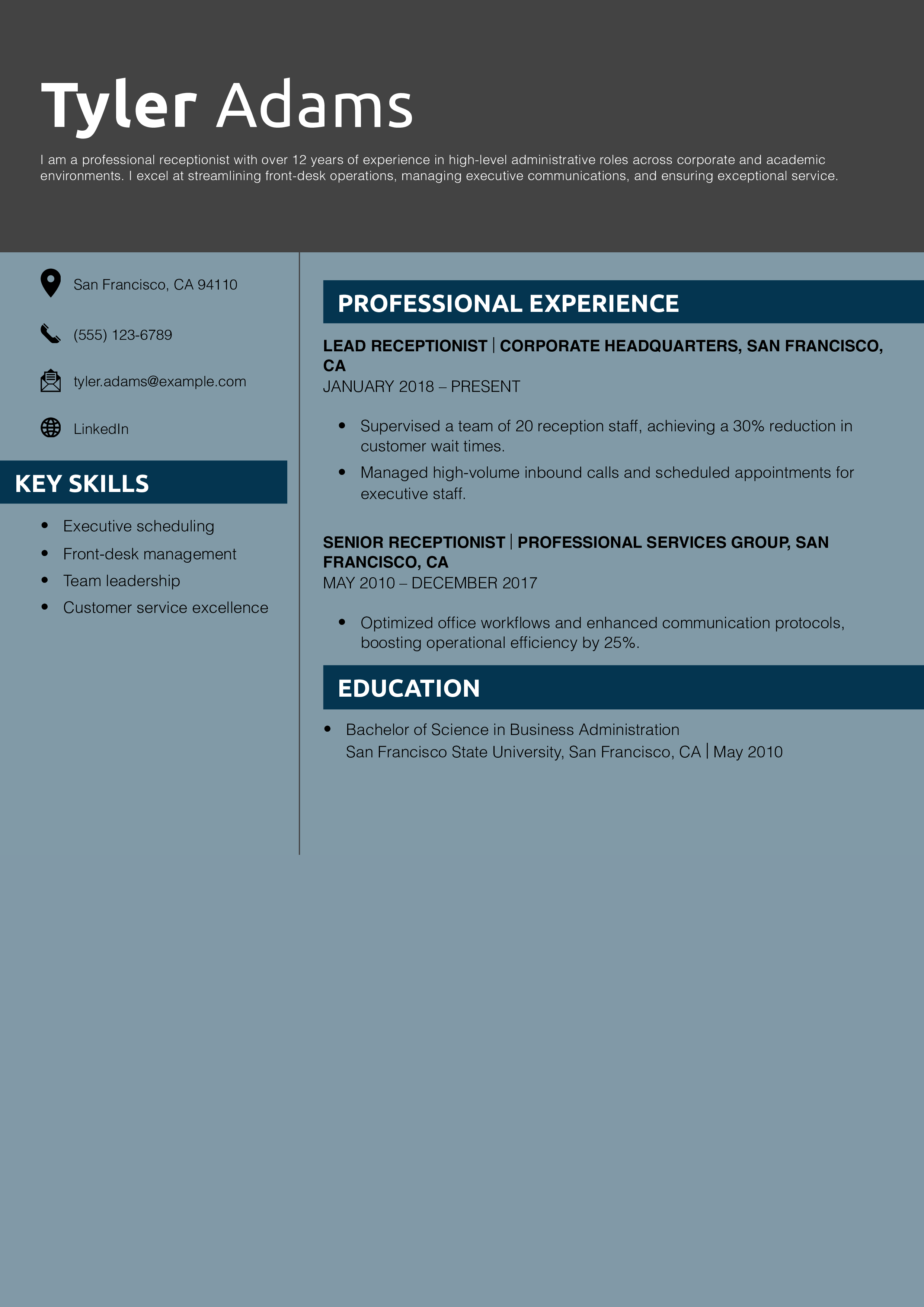 Professional Receptionist Resume Example