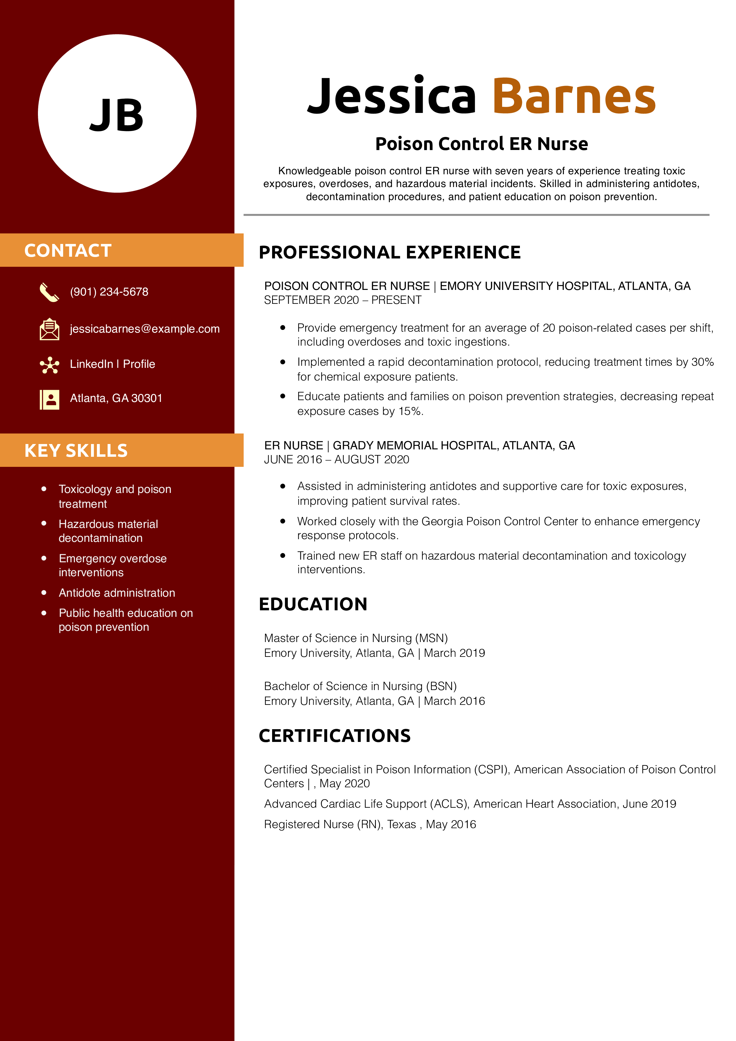 Poison Control ER Nurse Resume Example