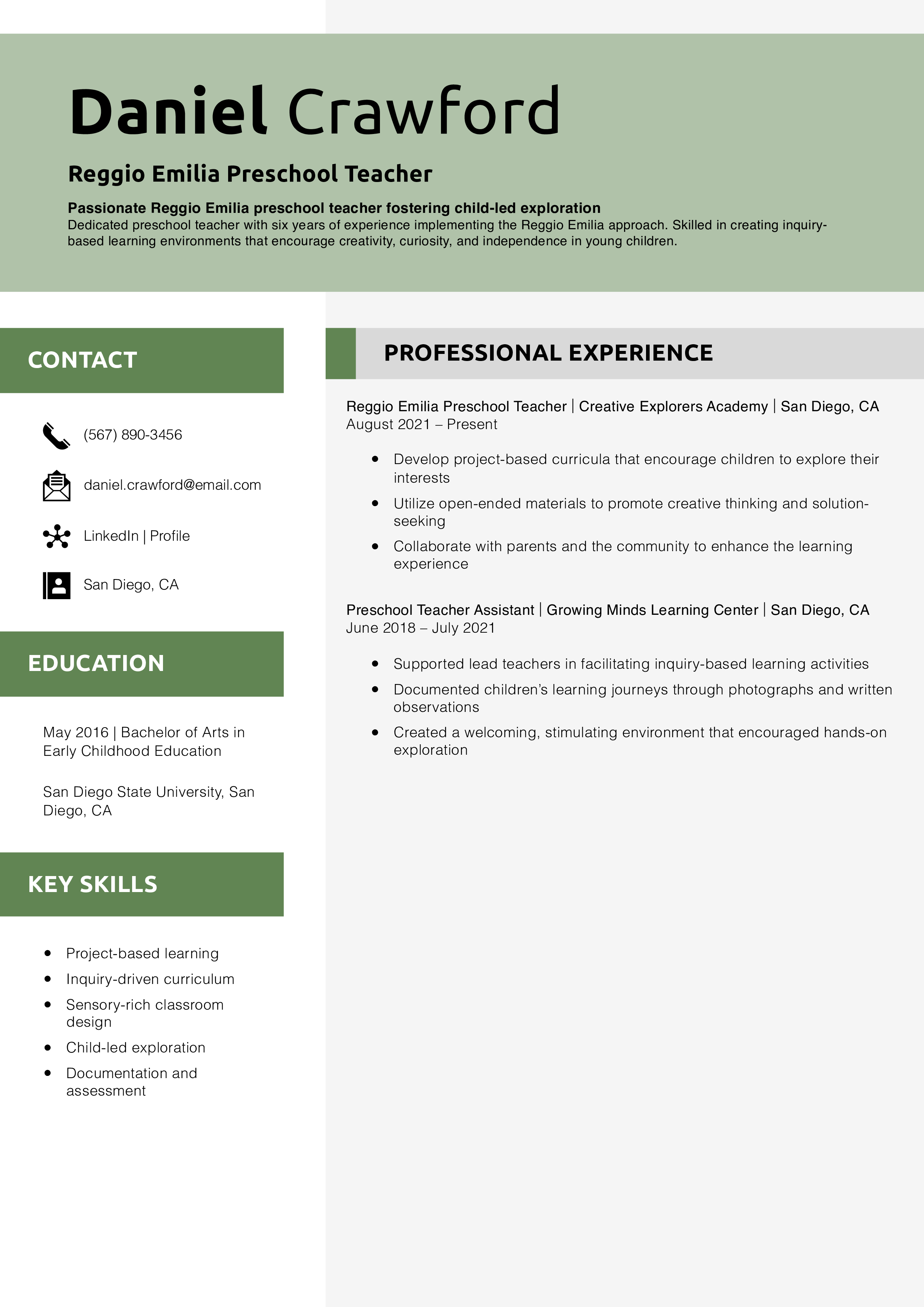 Reggio Emilia Preschool Teacher Resume