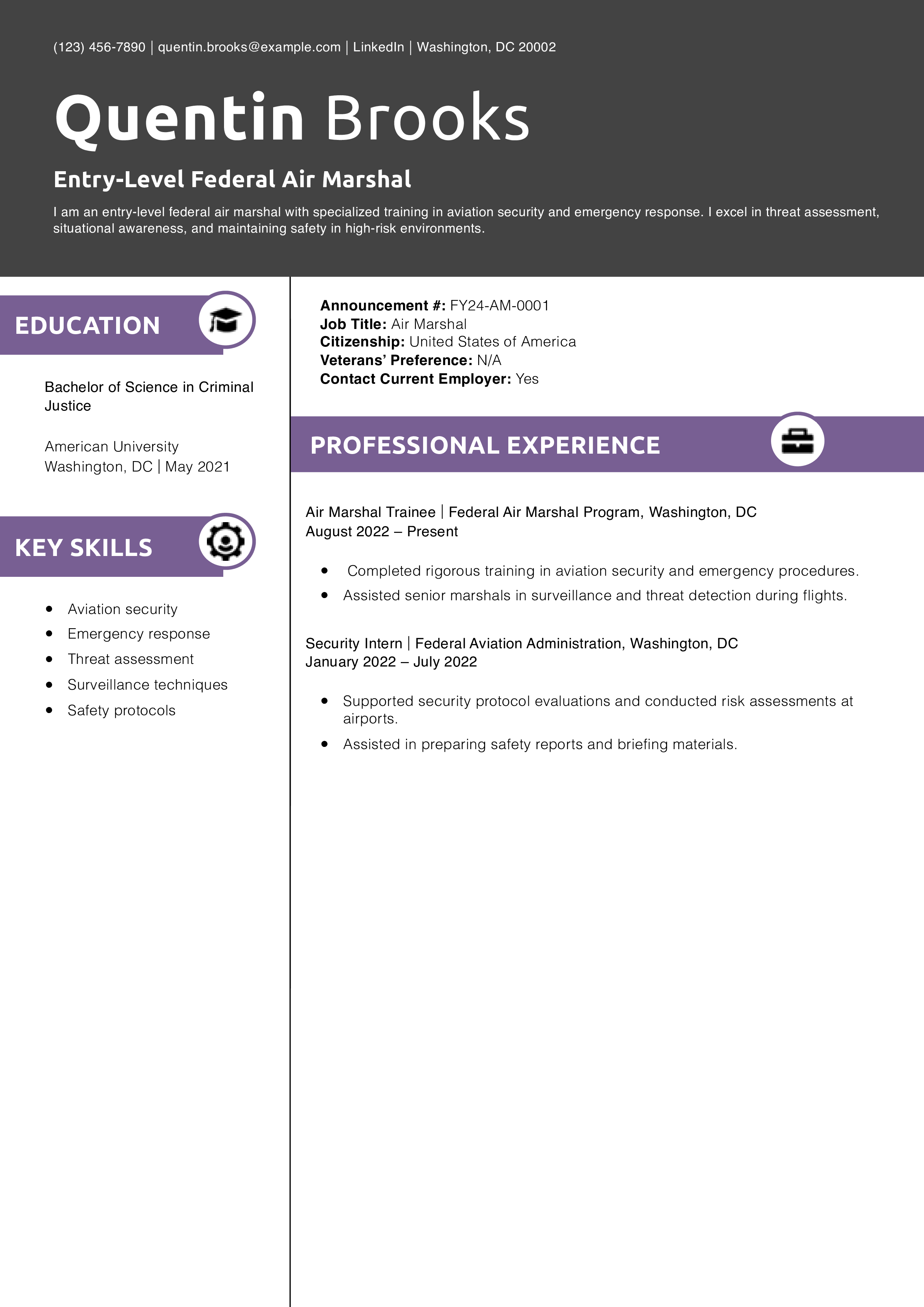 Entry-Level Federal Air Marshal Resume Example