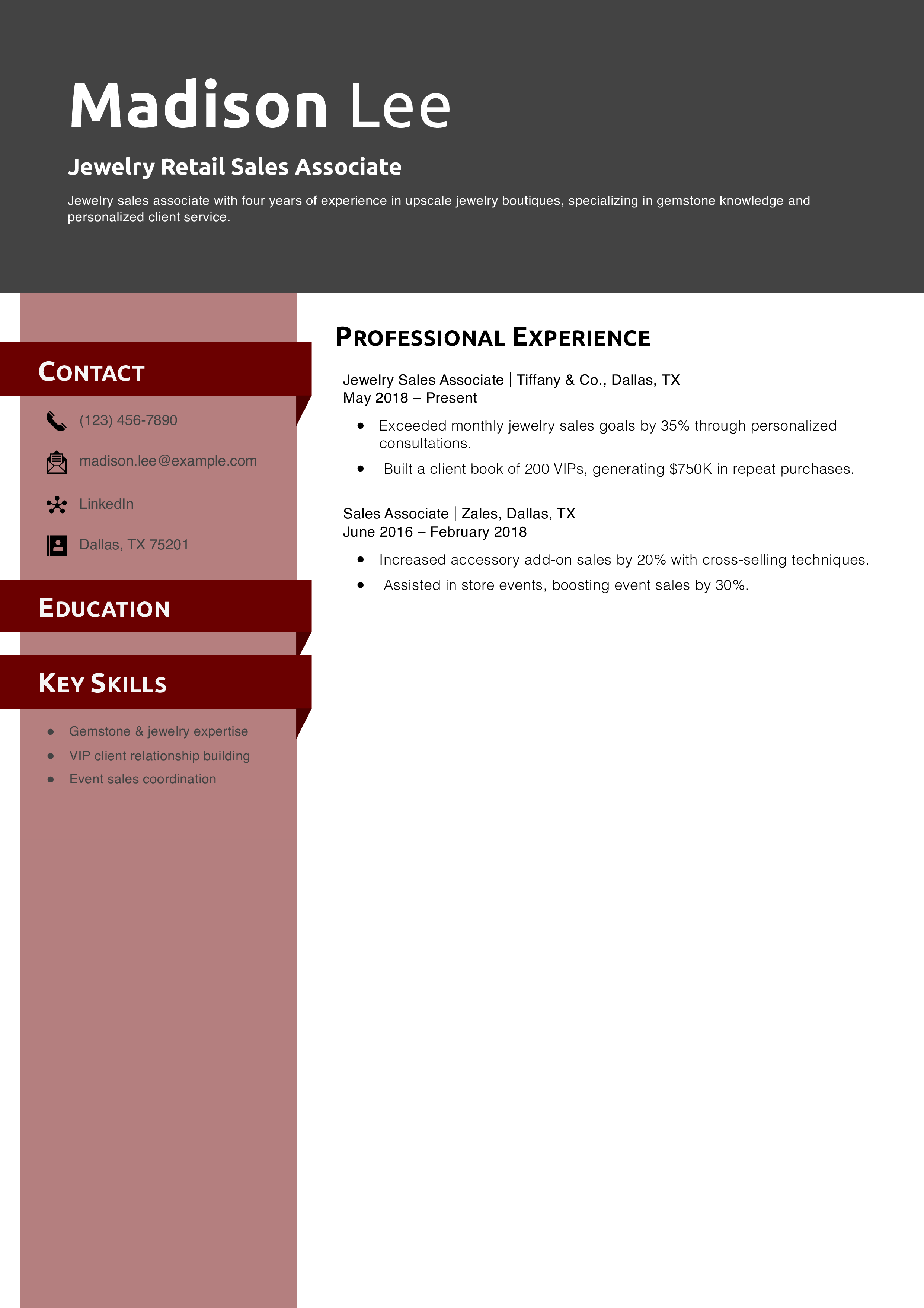 Jewelry Retail Sales Associate Resume Example