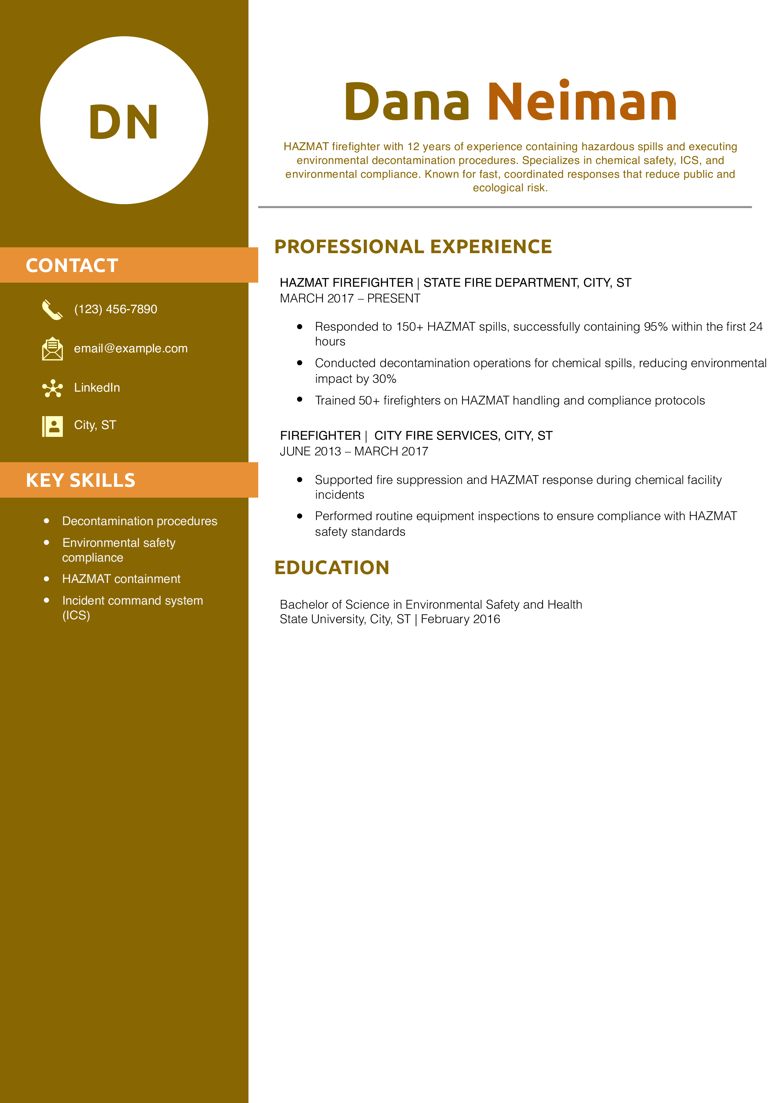 Hazardous Materials (HAZMAT) Firefighter Resume