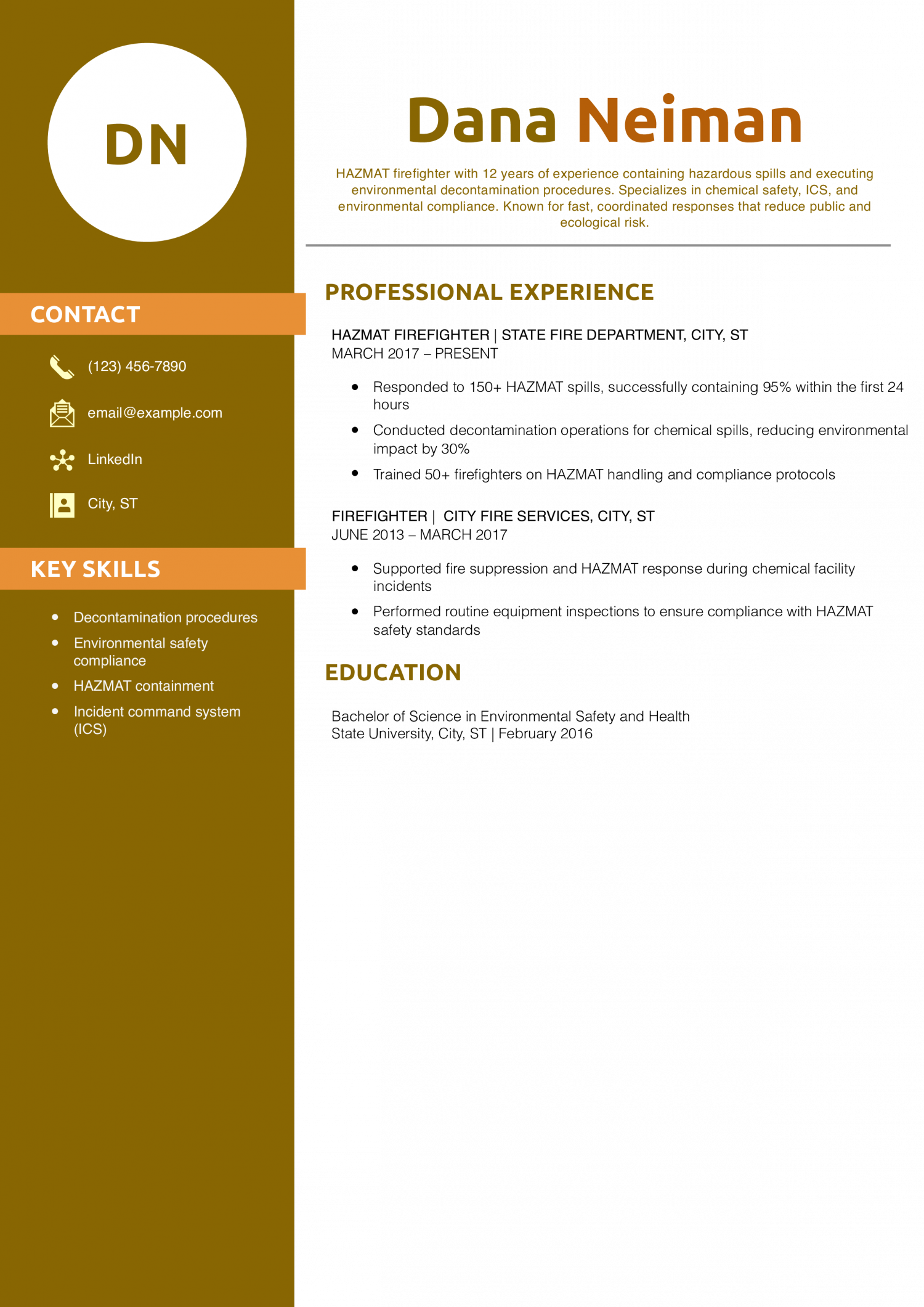 Hazardous Materials (HAZMAT) Firefighter Resume