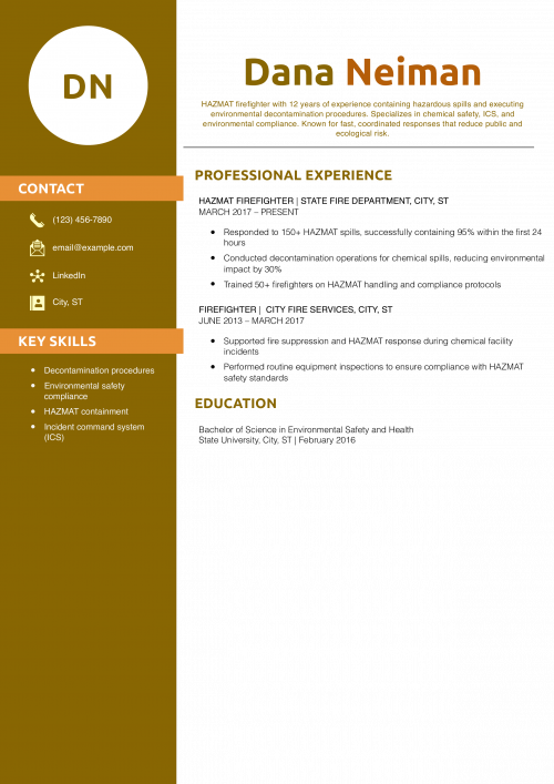 Hazardous Materials (HAZMAT) Firefighter Resume
