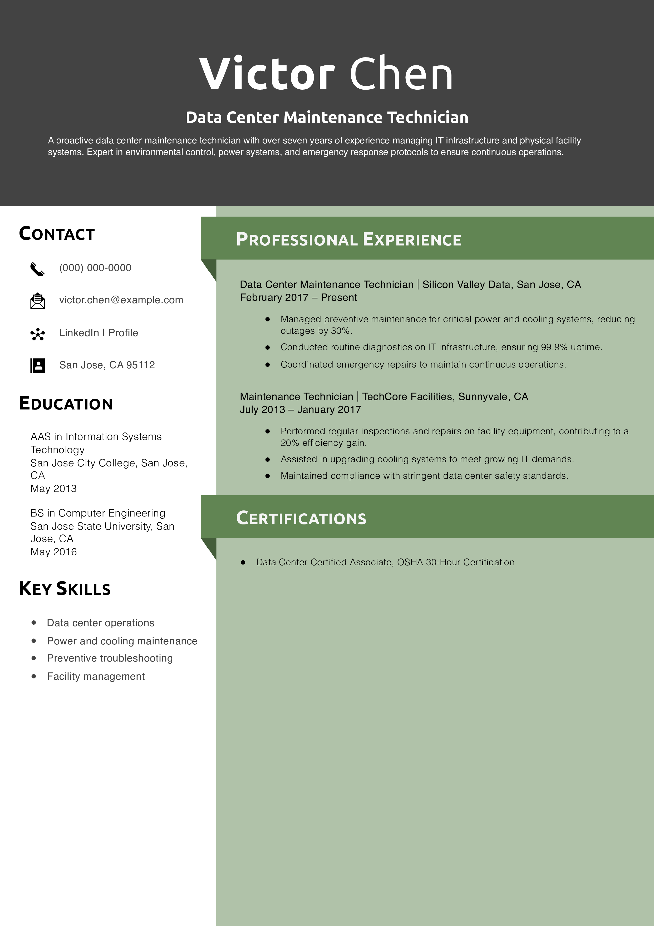 Data Center Maintenance Technician Resume Example