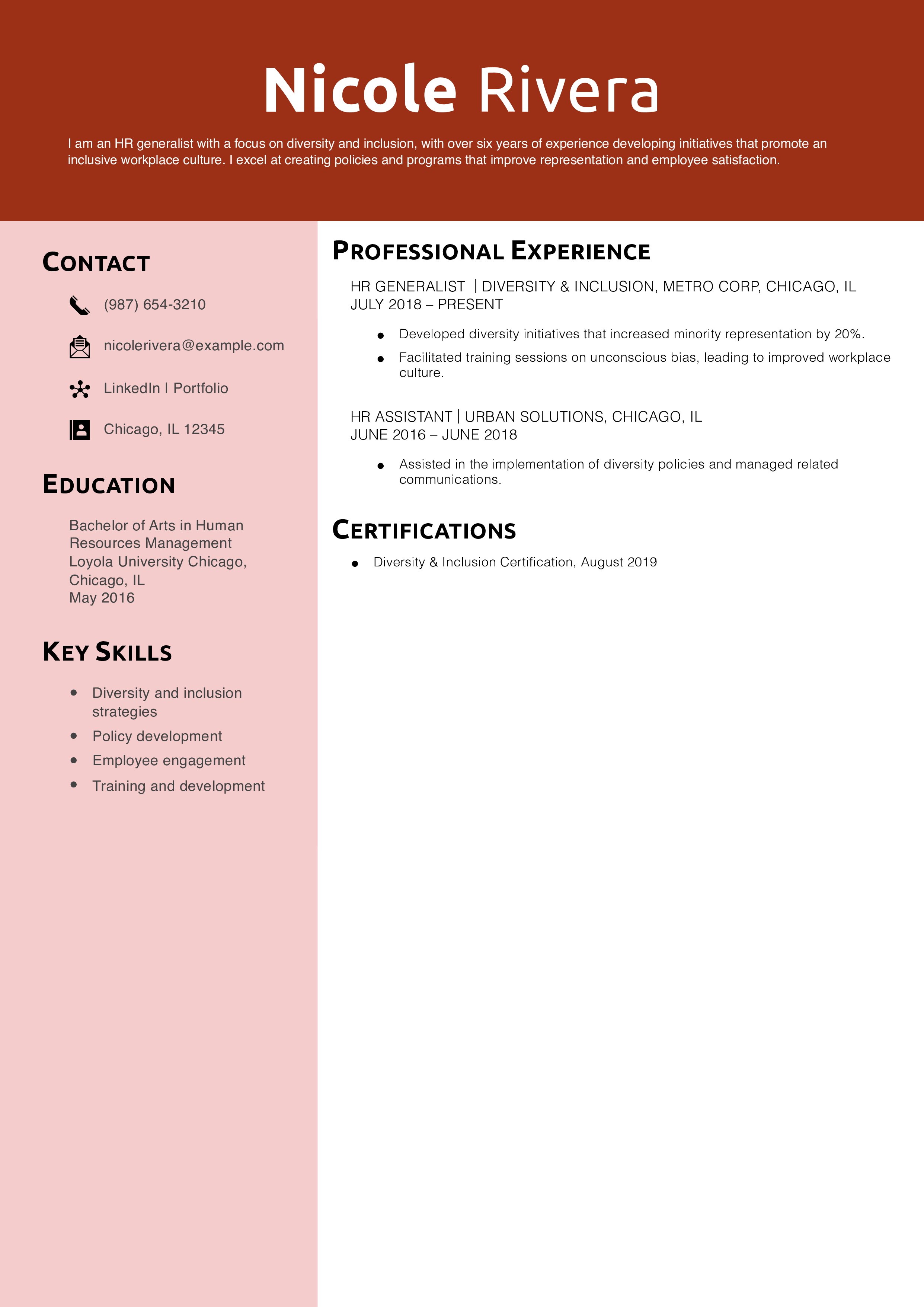 HR Generalist Diversity & Inclusion Resume Example