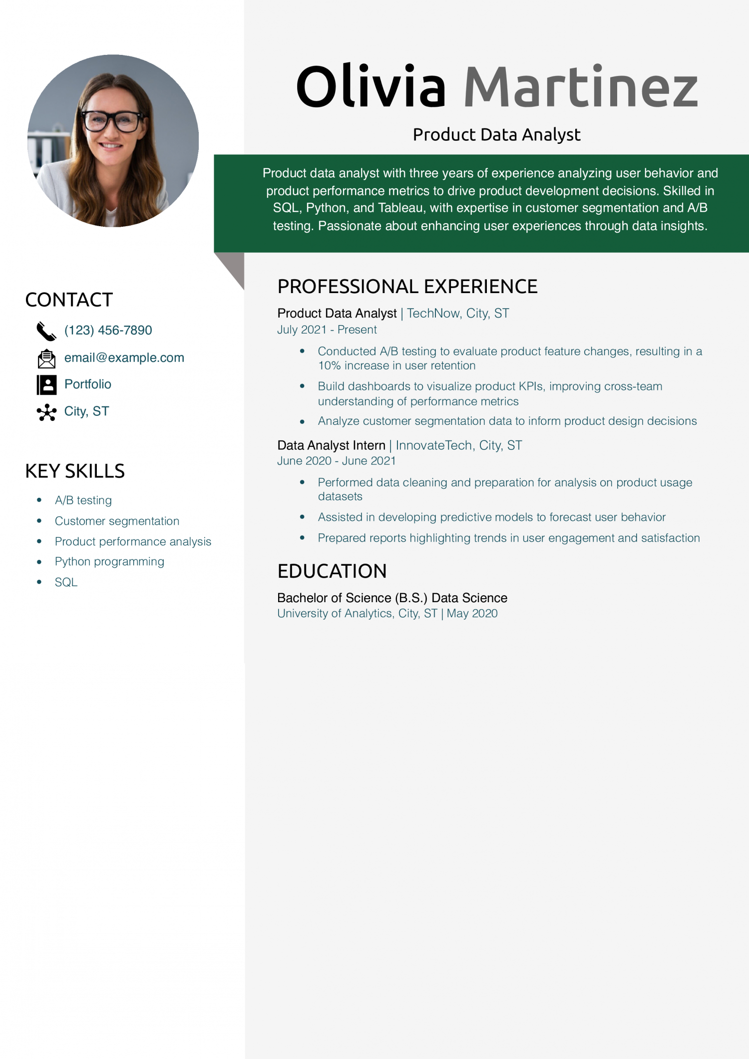 Product Data Analyst Resume Example